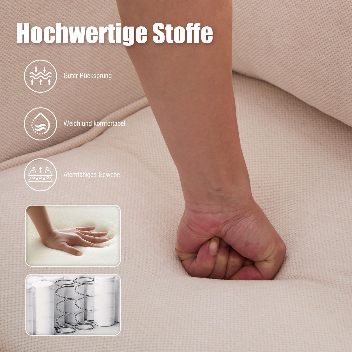 2-SITZER Sofa Chenille mit Handyhalter und Seitentaschen 127/69/66 cm Beige - Beige, Textil (66/127/69cm) - Redom