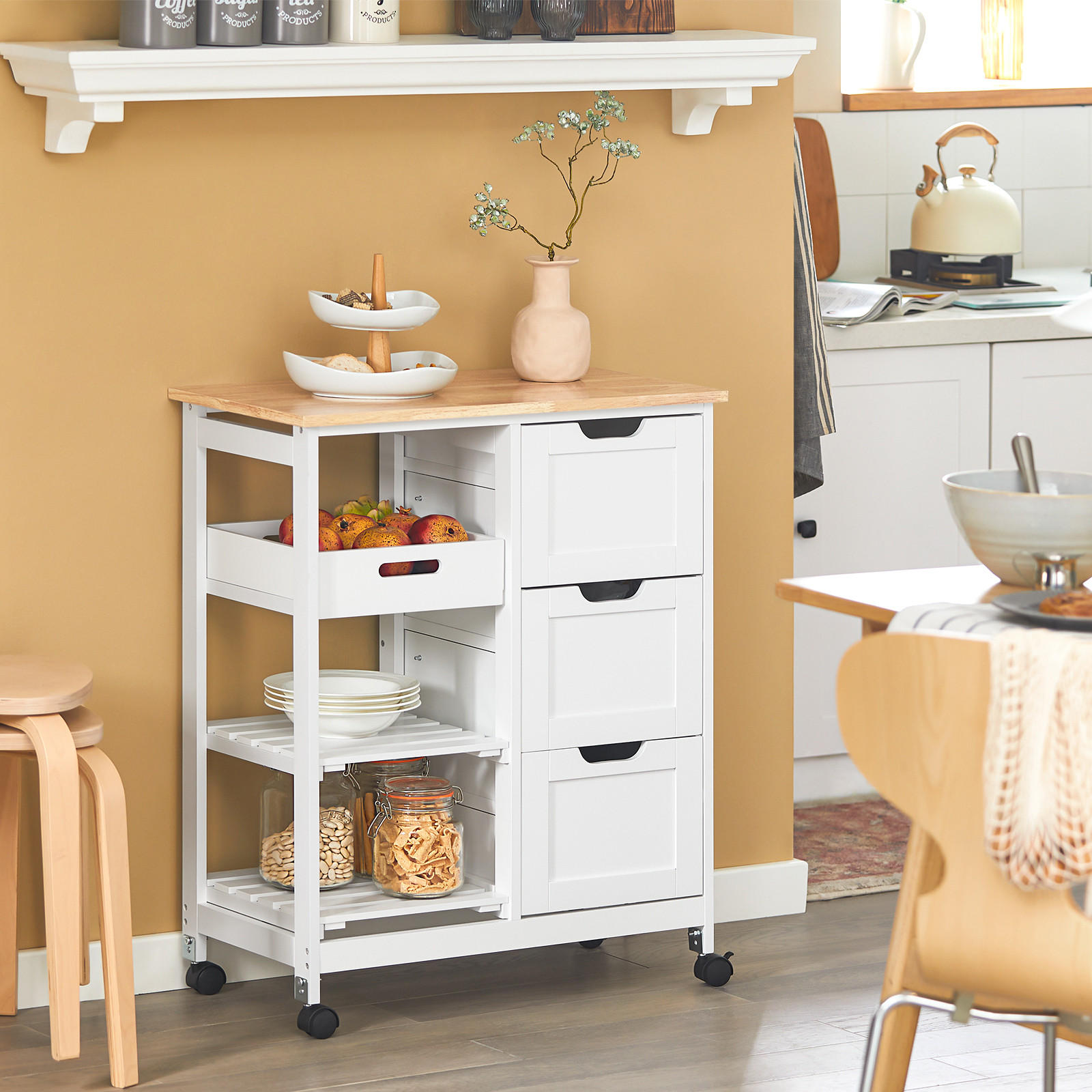 SERVIERWAGEN mit Rollen, Weiß, 68x85x38cm, bis 50kg - Weiß, Holzwerkstoff (68/85/38cm) - SoBuy