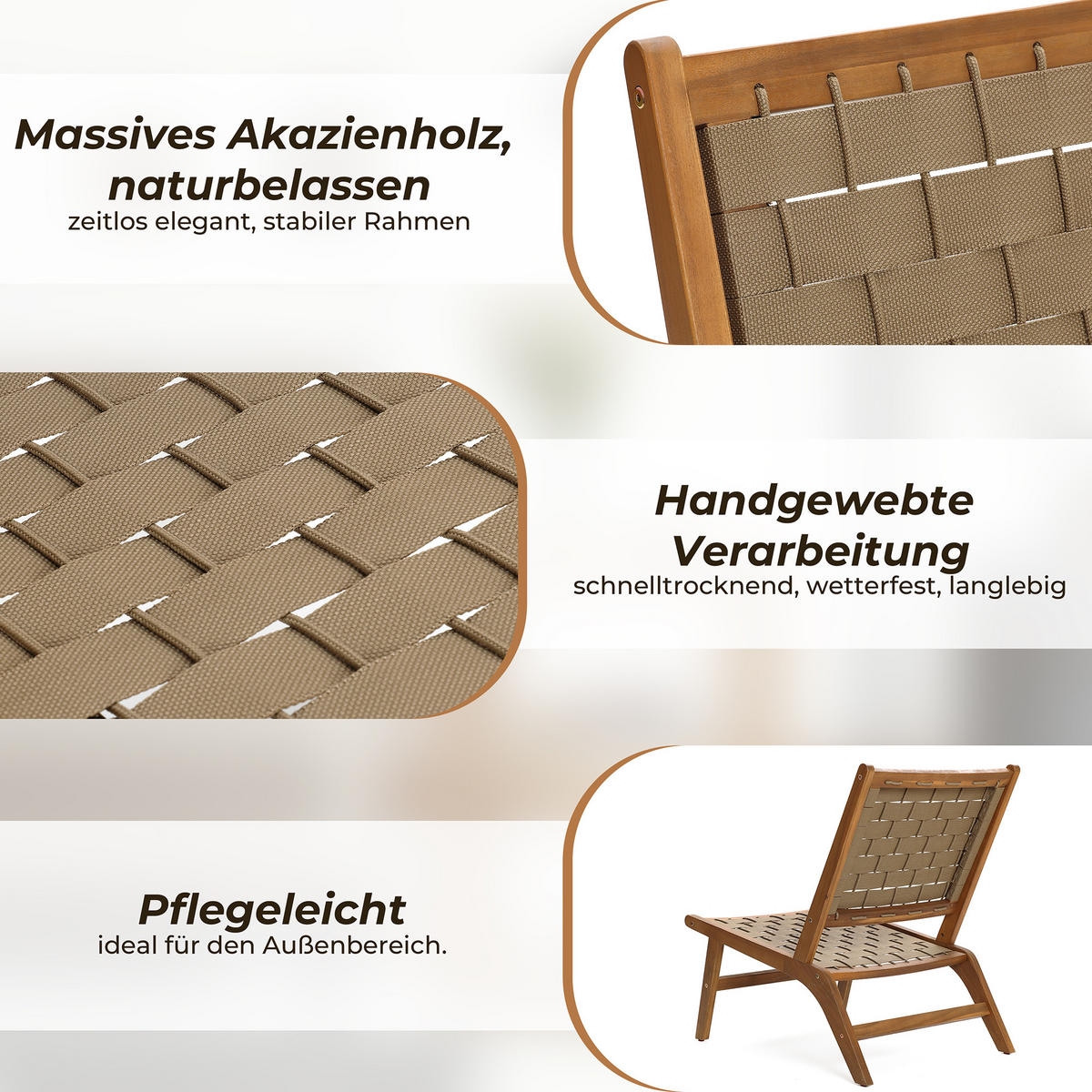 77CM Outdoor-Ess- und Terrassenstuhl ohne Armlehnen aus Akazienholz mit geflochtener Rückenlehne und Sitzfläche - Ahornfarben, Holz (75.5/77/54cm)