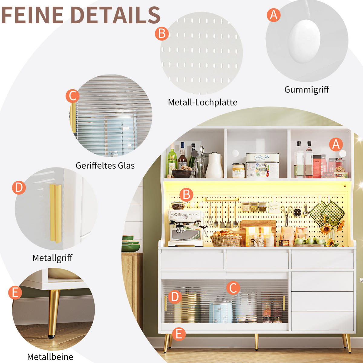 BUFFET 145/171/39 cm Weiß aus MDF und Glas mit LED-Beleuchtung - Weiß, Holzwerkstoff (39/171/145cm) - OKMYHOME