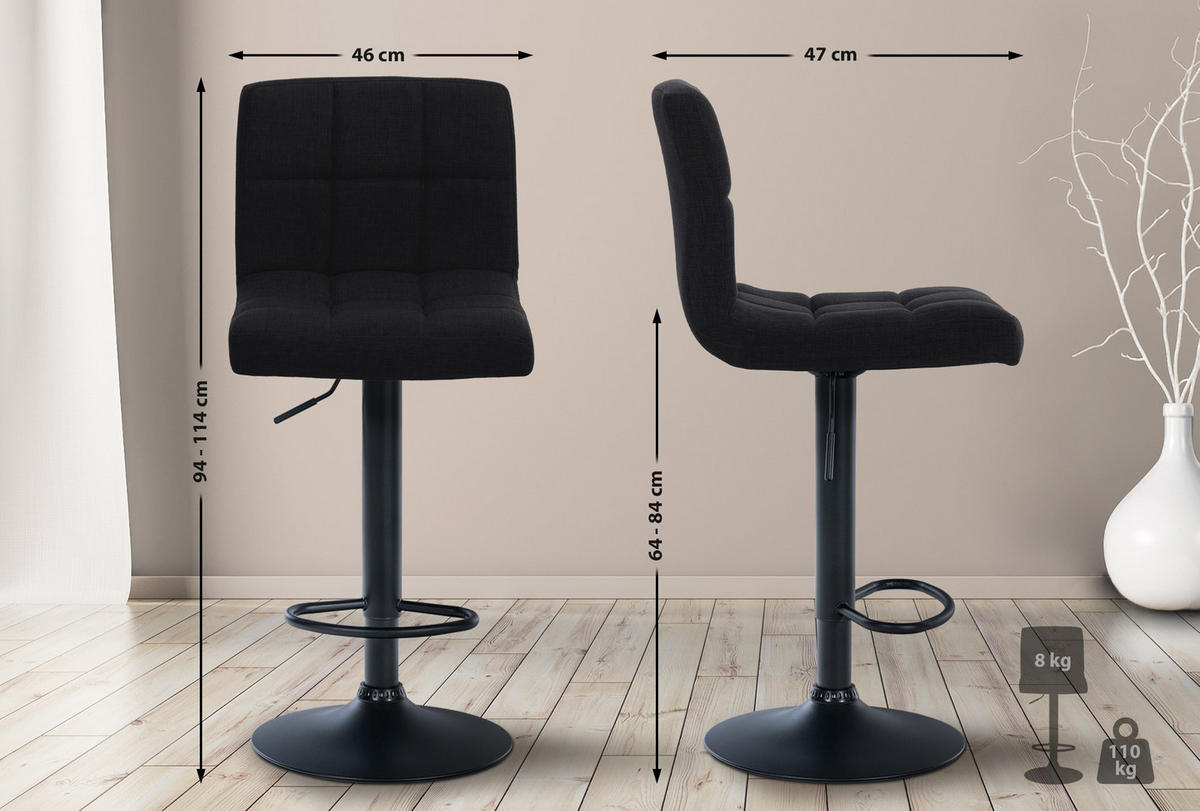 BARHOCKER 2er Set Cala Stoff schwarz schwarz - Schwarz, Textil/Metall (46/114/47cm) - TPFLiving