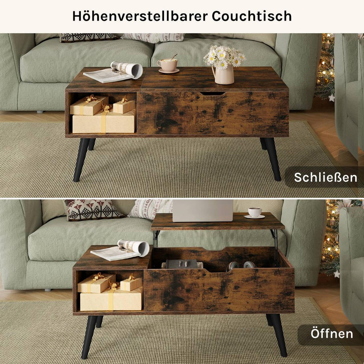 COUCHTISCH höhenverstellbar(47-53 cm), mit Stauraum, Vintagebraun - Dunkelbraun/Schwarz, Holzwerkstoff/Metall (50/100/43cm) - Woltu