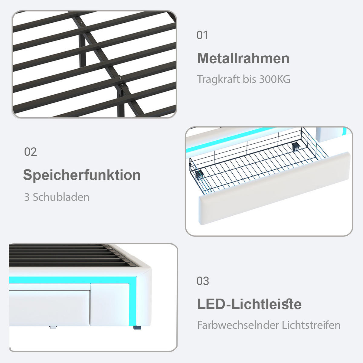 BETT 90/200 cm in Weiß mit Schubladen und LED - Weiß, Holzwerkstoff/Textil (90/200cm) - WISHDOR