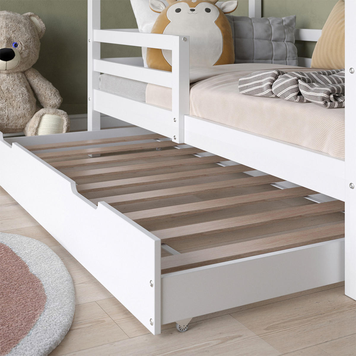 HAUSBETT Luni Weiß 160 x 80 cm mit ausziehbarem Gästebett - Weiß, Holz - VitaliSpa