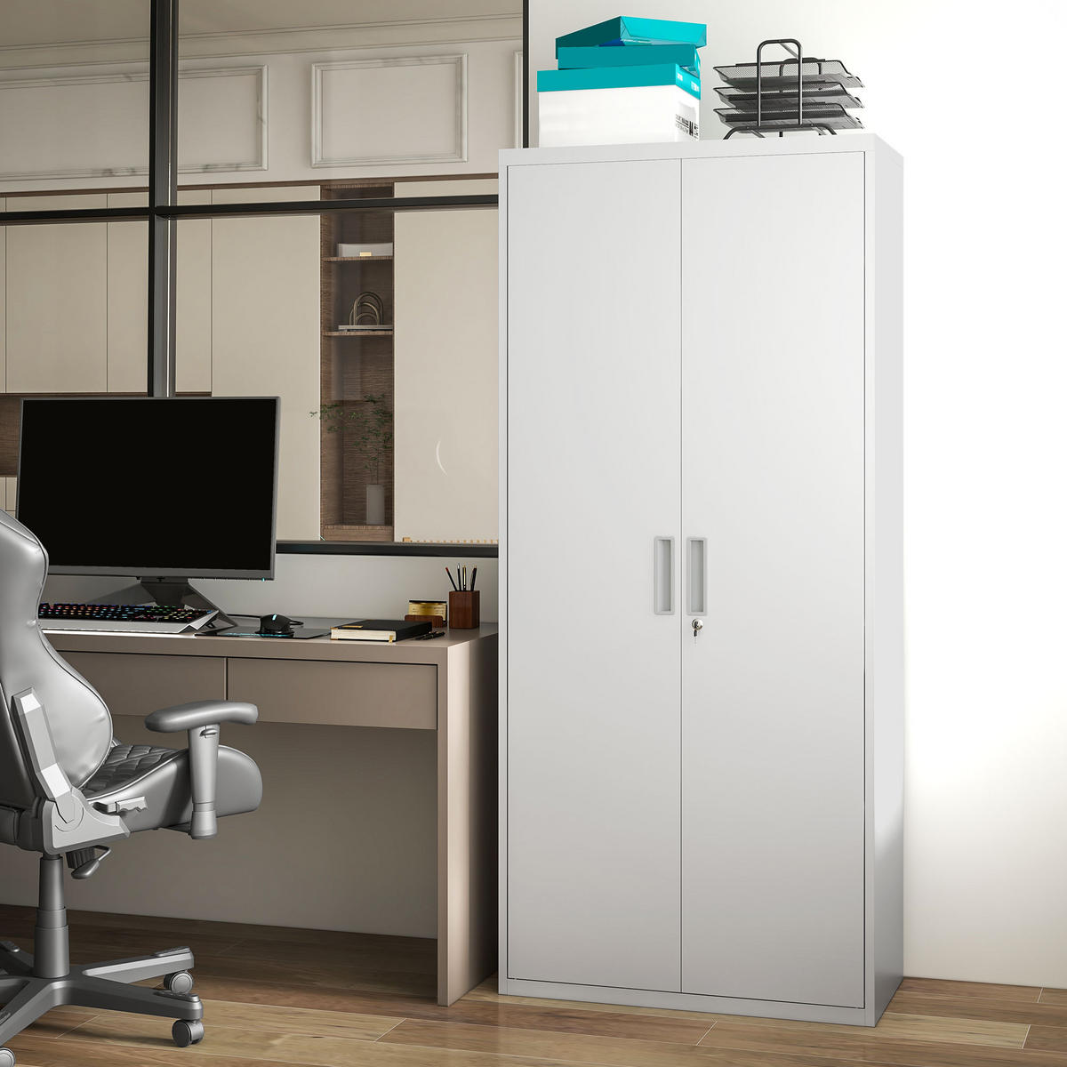AKTENSCHRANK mit 2 Türen, Weiß - Weiß, Metall (80/180/40cm) - HOMCOM