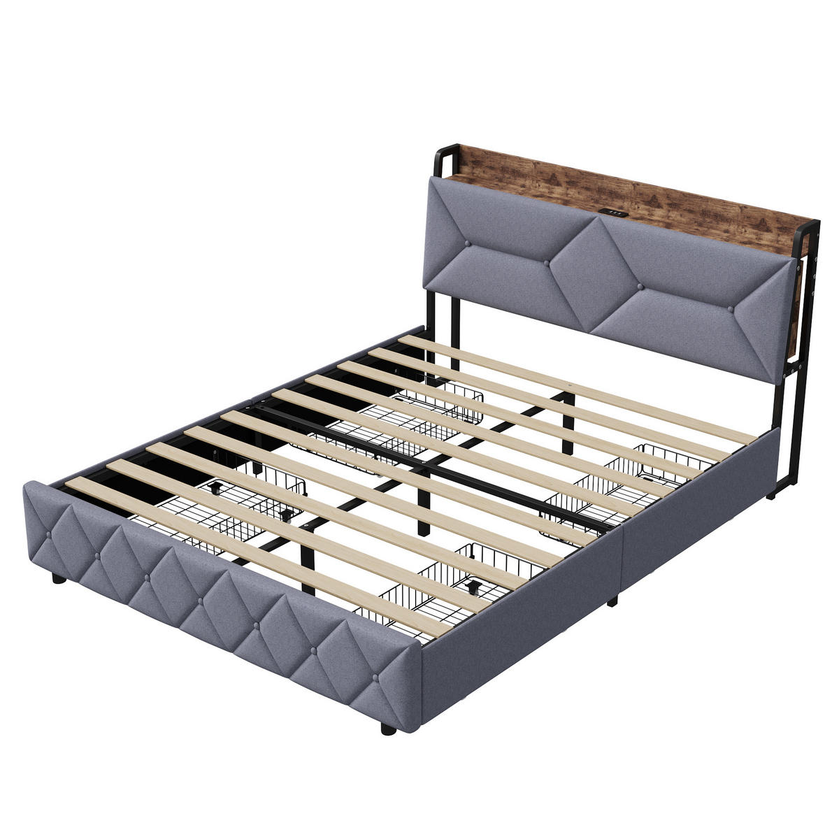 POLSTERBETT 140x200cm Grau Mit 4 Schubladen, USB & Type-C Anschlüsse - Grau, Holz (140/200cm)