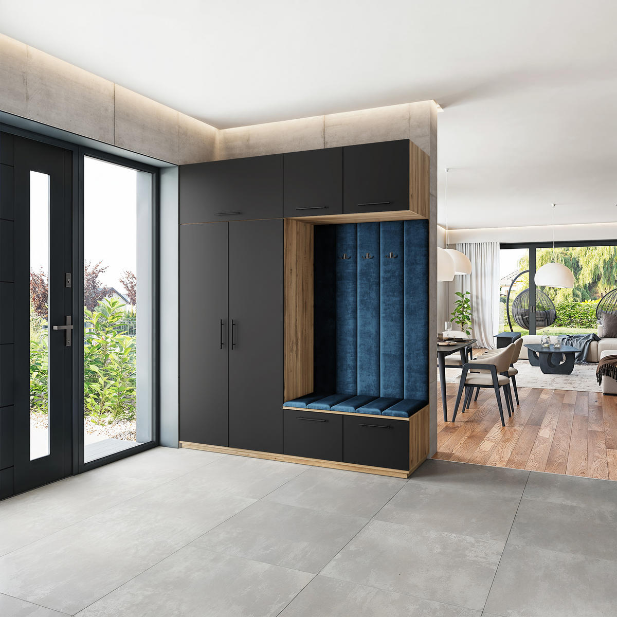 GARDEROBENSCHRANK REMA 200/240/60 cm Modern Garderobe-Set Eiche Wotan - Blau/Eiche Wotan, Holzwerkstoff (200/240/60cm) - MASSENO