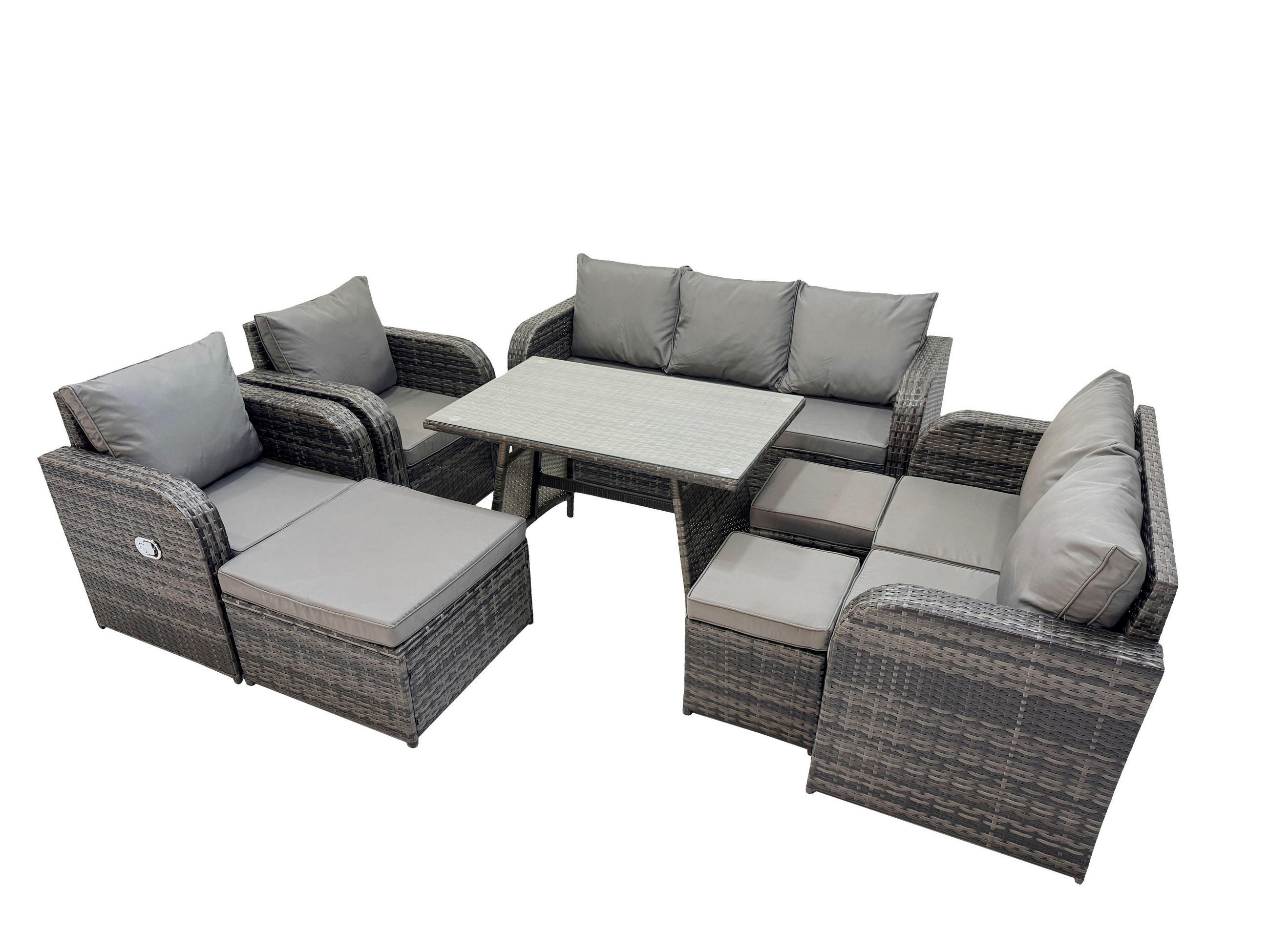 GARTENMÖBEL SET Polyrattan Dunkelgrau 10-Sitzer - Dunkelgrau/Grau, Glas/Kunststoff - Fimous