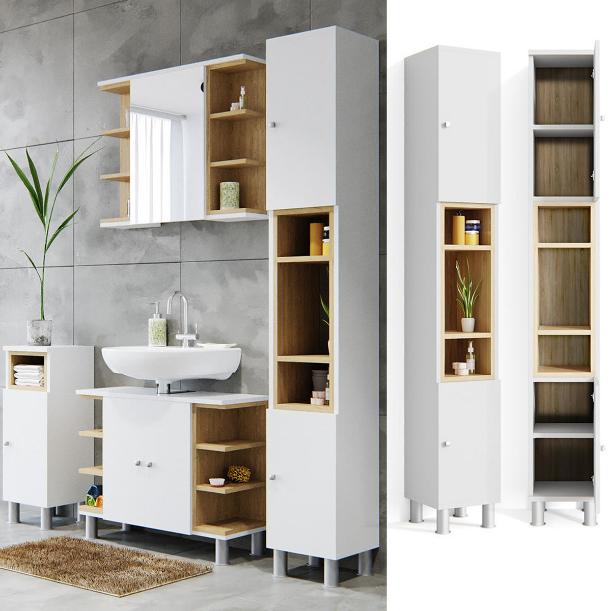 BADSCHRANK Aquis Weiß 30 x 190 cm - Weiß, Holzwerkstoff (30/190/30cm) - Vicco