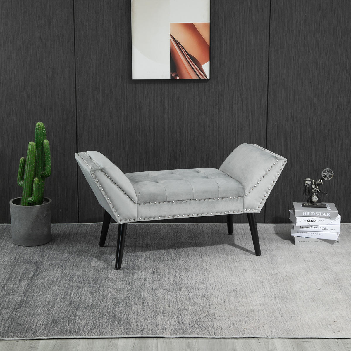BETTBANK für Schlafzimmer, Wohnzimmer, Flur, Gummiholz, Hellgrau - Hellgrau, Kunststoff (46/56/114cm) - HOMCOM