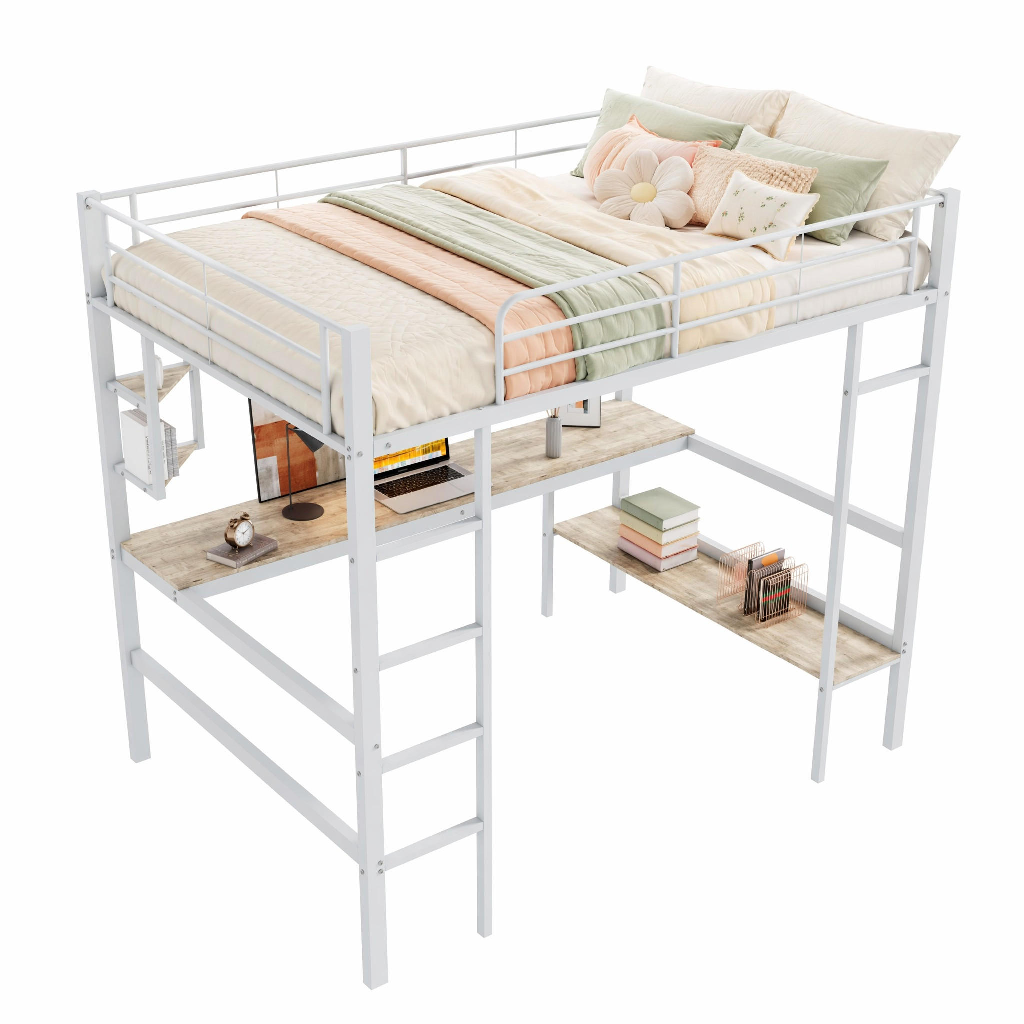 HOCHBETT 90/200 cm in Weiß mit Schreibtisch und Regal minimalistisches Design - Weiß, Holz/Metall (90/200cm) - STILVORA