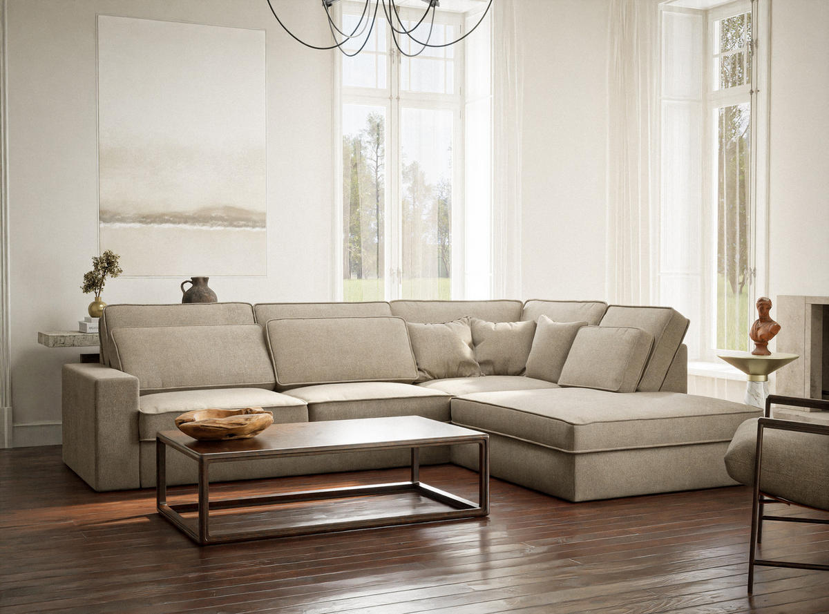 ECKSOFA Kirou Beige Chenille-Stoff - Rechts Seite - Beige/Schwarz, Holz/Holzwerkstoff (311/225cm) - Maison de Reve