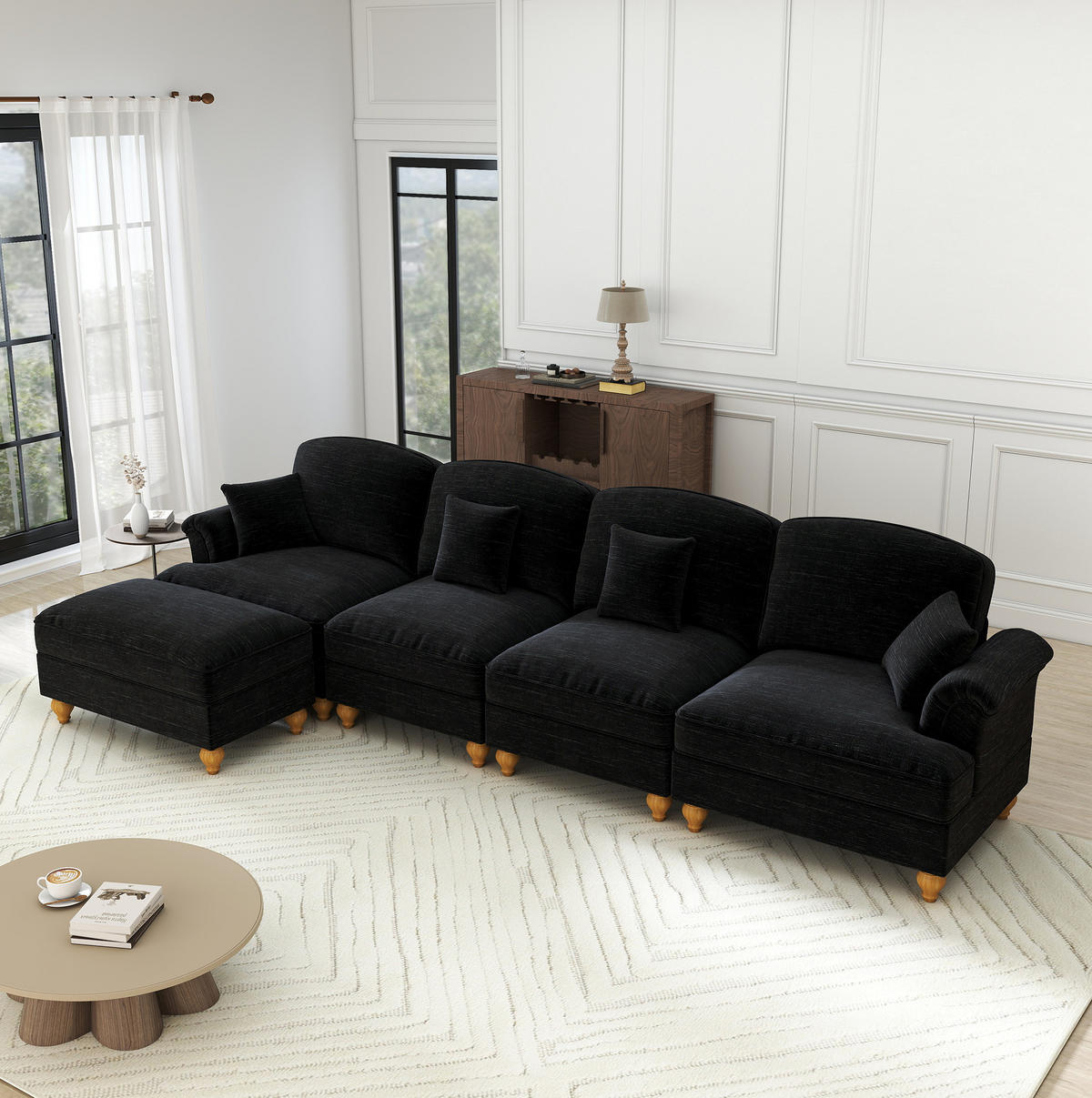 ECKSOFA 350/140/93 cm schwarz aus Chenille mit Rüschenrock und beweglichem Hocker - Schwarz, Textil (140/350cm) - OKWISH