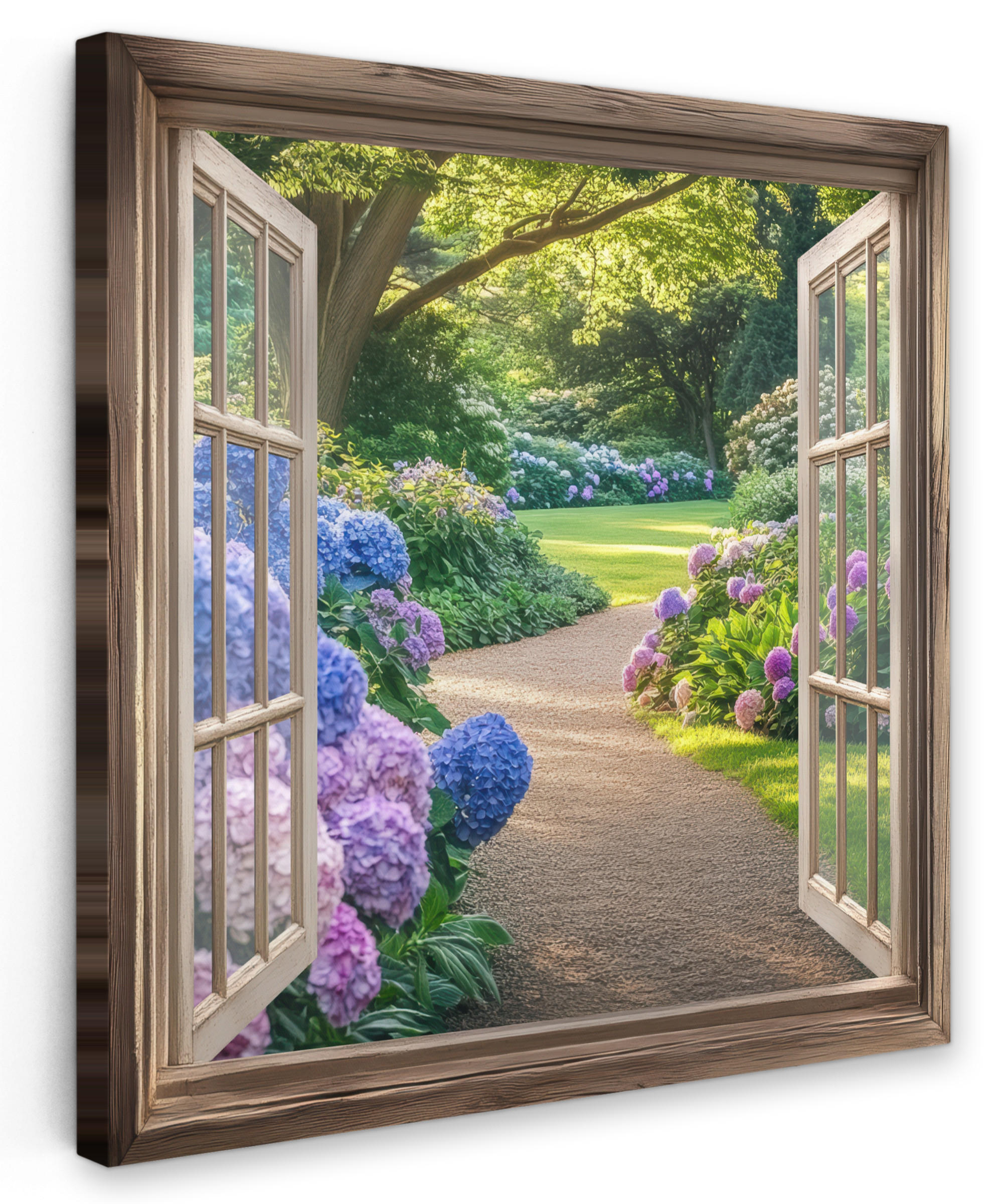 LEINWANDBILD Aussicht - Garten - Fenster - Hortensie - Blumen 50x50 cm - Pastellblau, Textil (50/50cm) - MuchoWow