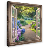 LEINWANDBILD Aussicht - Garten - Fenster - Hortensie - Blumen 50x50 cm - Pastellblau, Textil (50/50cm) - MuchoWow