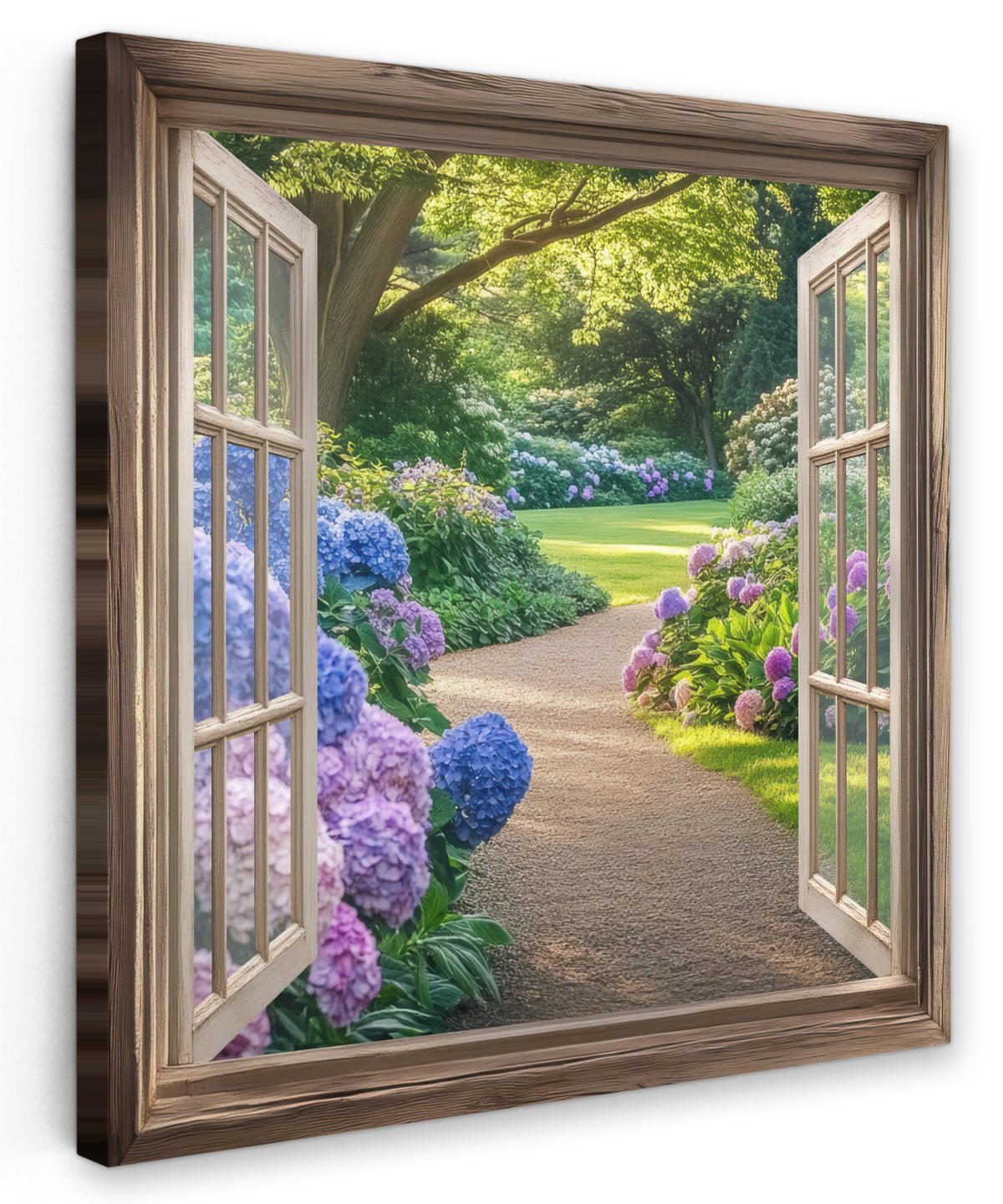 LEINWANDBILD Aussicht - Garten - Fenster - Hortensie - Blumen 50x50 cm - Pastellblau, Textil (50/50cm) - MuchoWow