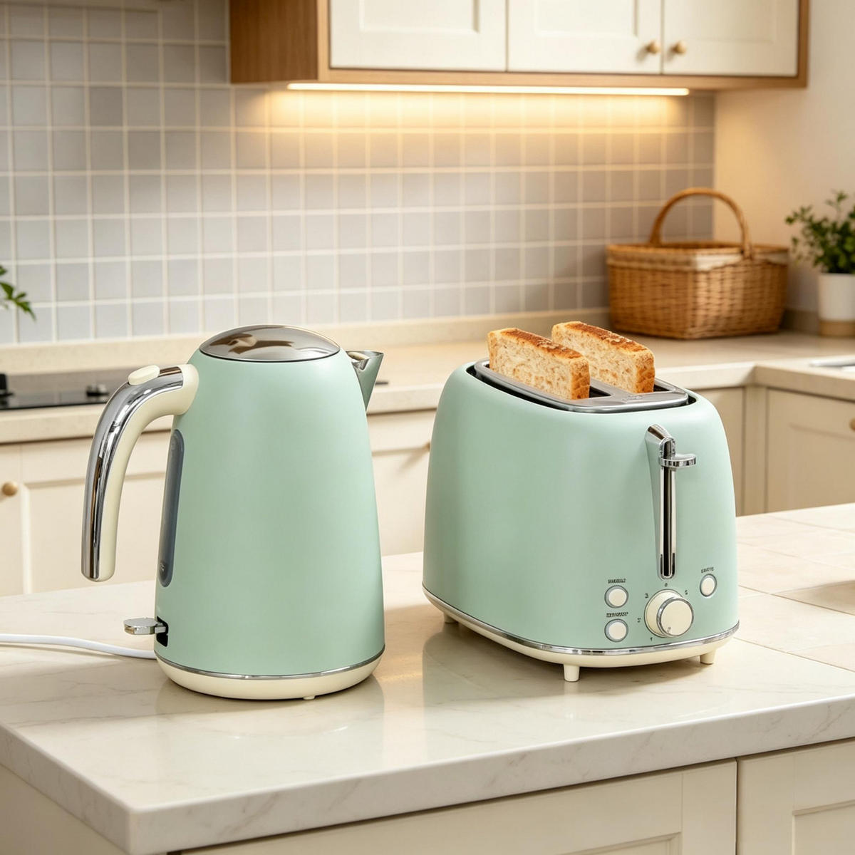 WASSERKOCHER‑SET mit Toaster, 1,7 L kabelloser elektrischer Wasserkocher & 2‑Scheiben‑Toaster, Retro‑Frühstücksset in Mint‑Grün für die moderne Küche - Mintgrün, Metall (17.9/19.2/28.9cm) - Joyfair