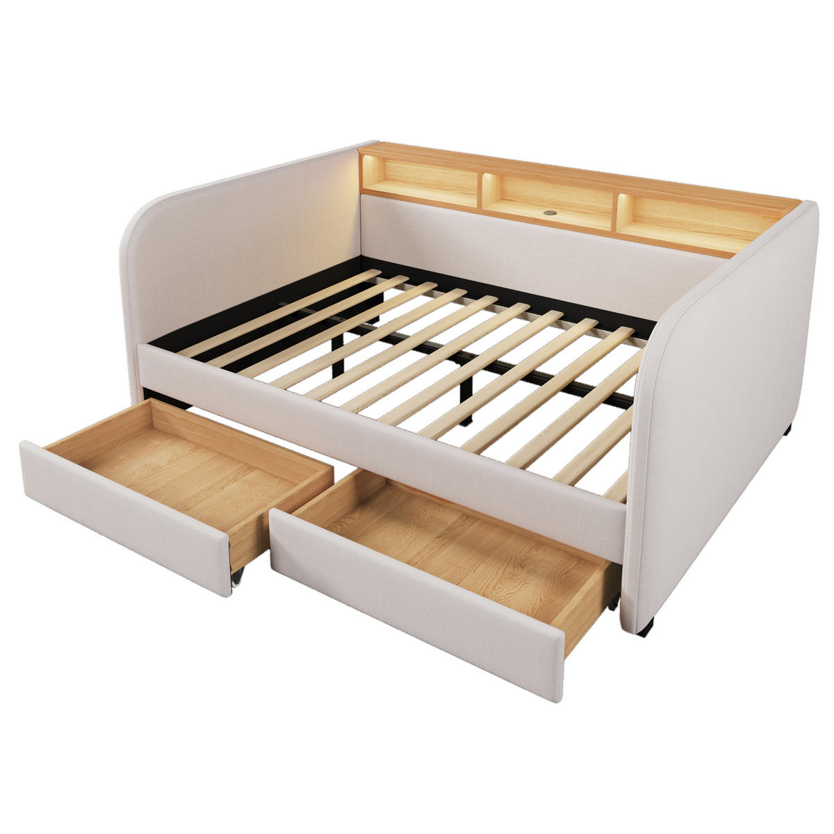 TAGESBETT 140/190 cm DE-00618, in Hellbeige, LED und 2 Schubladen - Beige, Metall (140/190cm) - ComfortXL