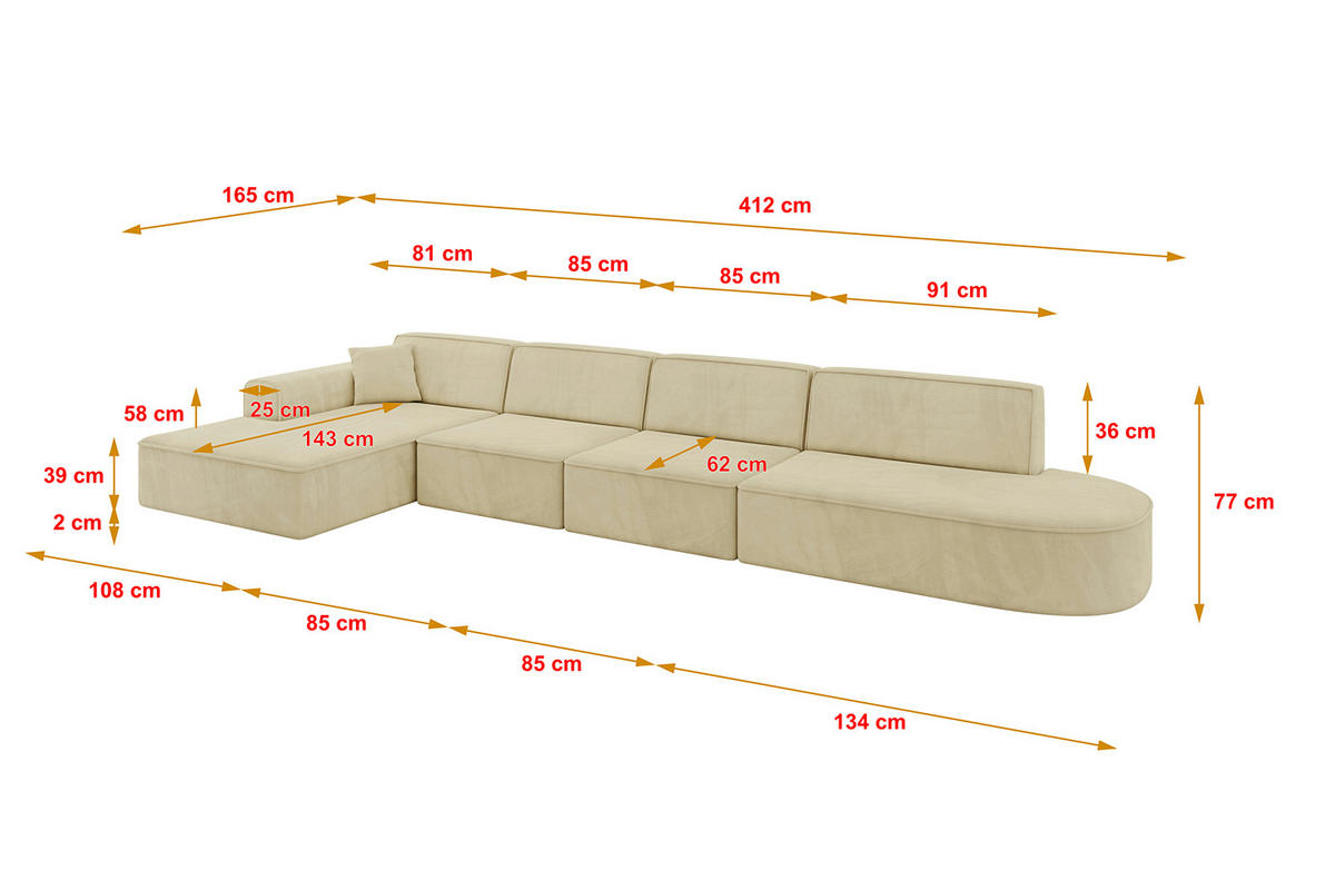 ECKSOFA Ottomane Links IREA-L3-v3 - 412x165x77 cm Beige - Taupe, Holzwerkstoff/Textil (412/165cm) - ALTDECOR