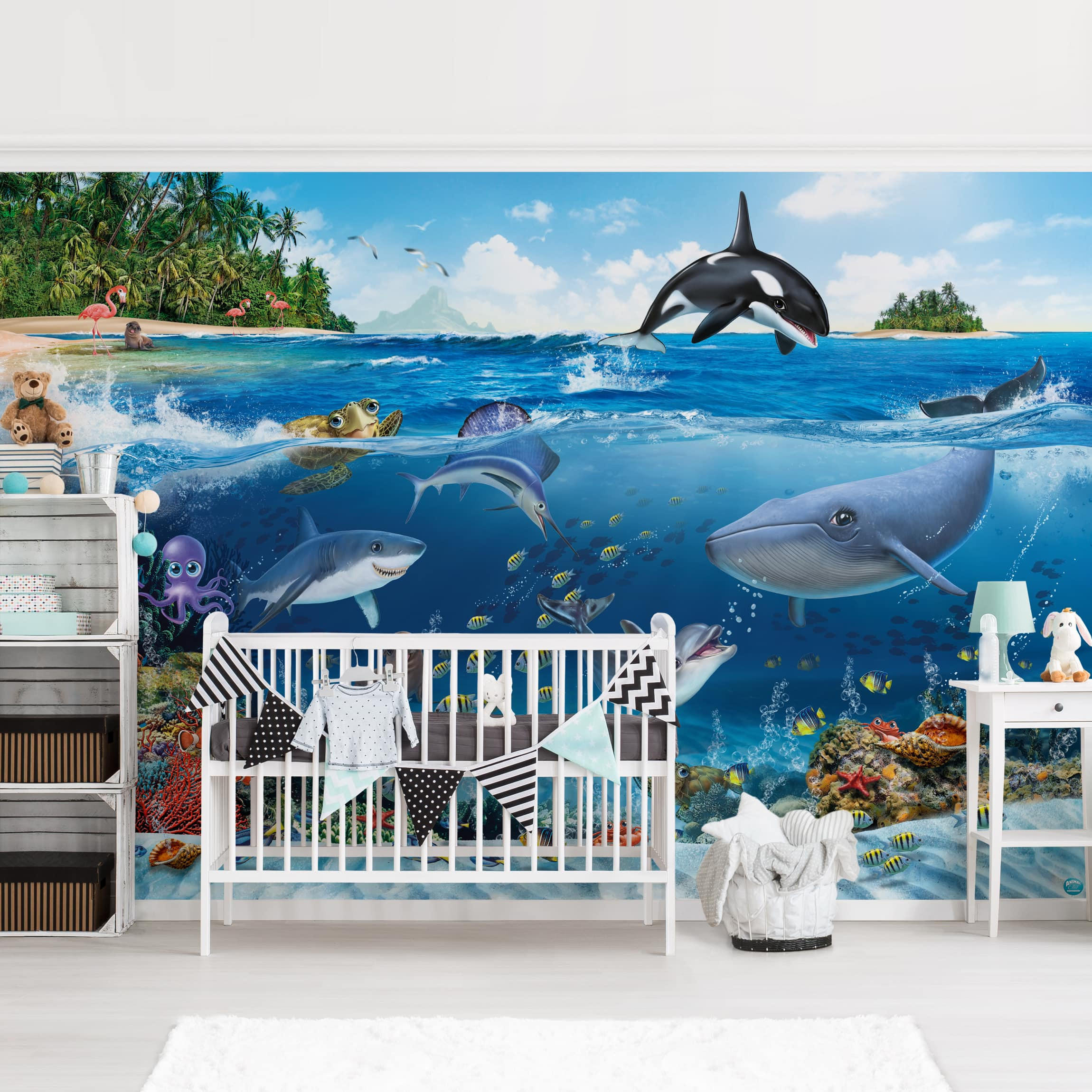 FOTOTAPETE Unterwasserwelt mit Tieren 384/255 cm - Blau, Papier (384/255cm) - Bilderwelten