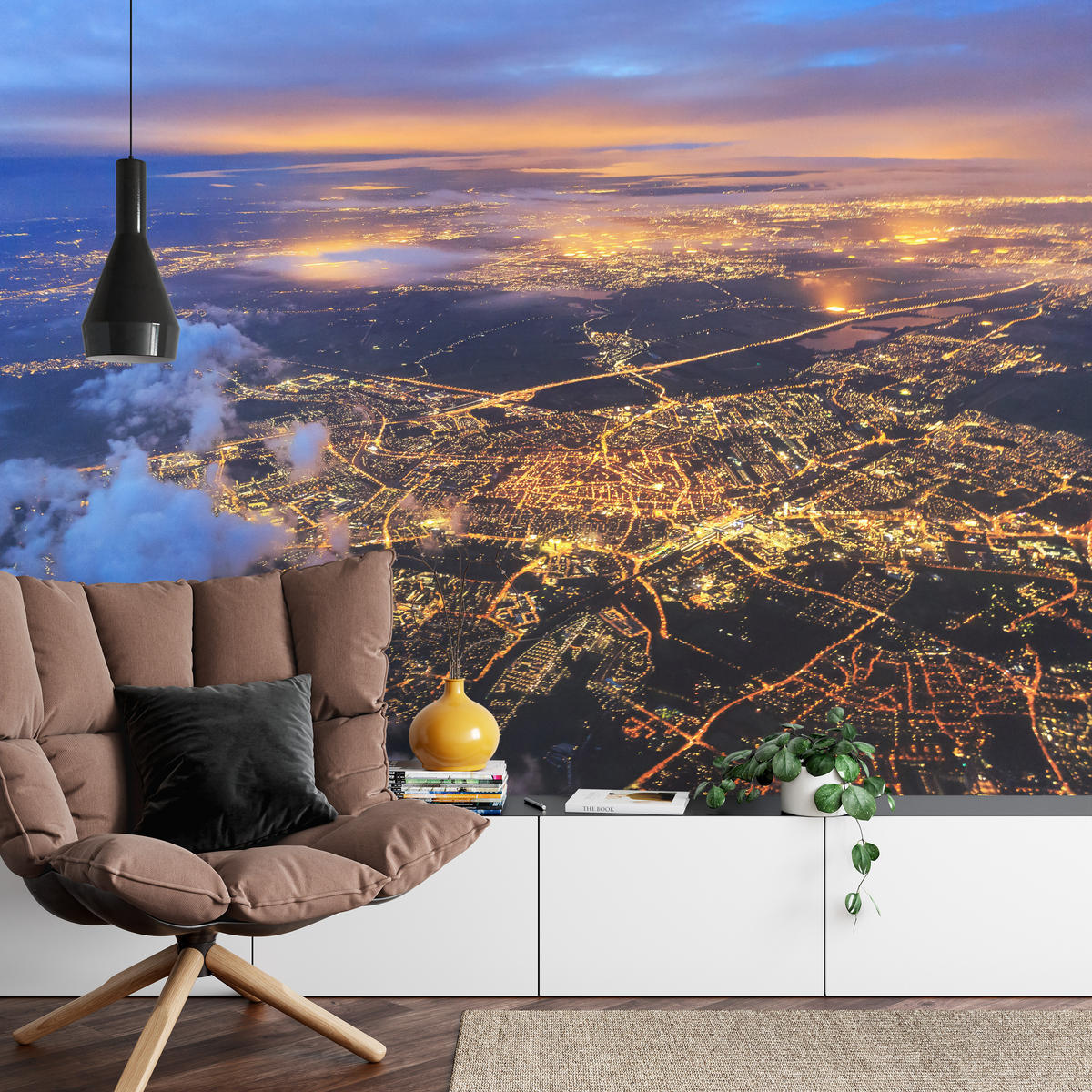 FOTOTAPETE für Wohnzimmer Vogelperspektive Beleuchtete Stadt Skyline 300x210 - Gelb/Orange, Papier (300/210cm) - Muralo