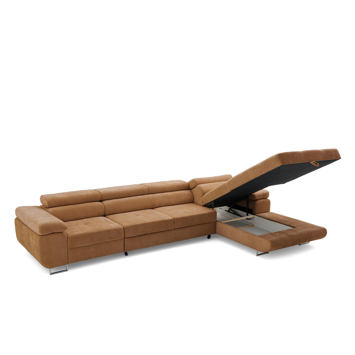 ECKSOFA ALONZO MAXI Rechts mit Schlaffunktion 125x195 Chenille Braun - Chromfarben/Braun, Holz/Textil (350/203cm) - Muffo