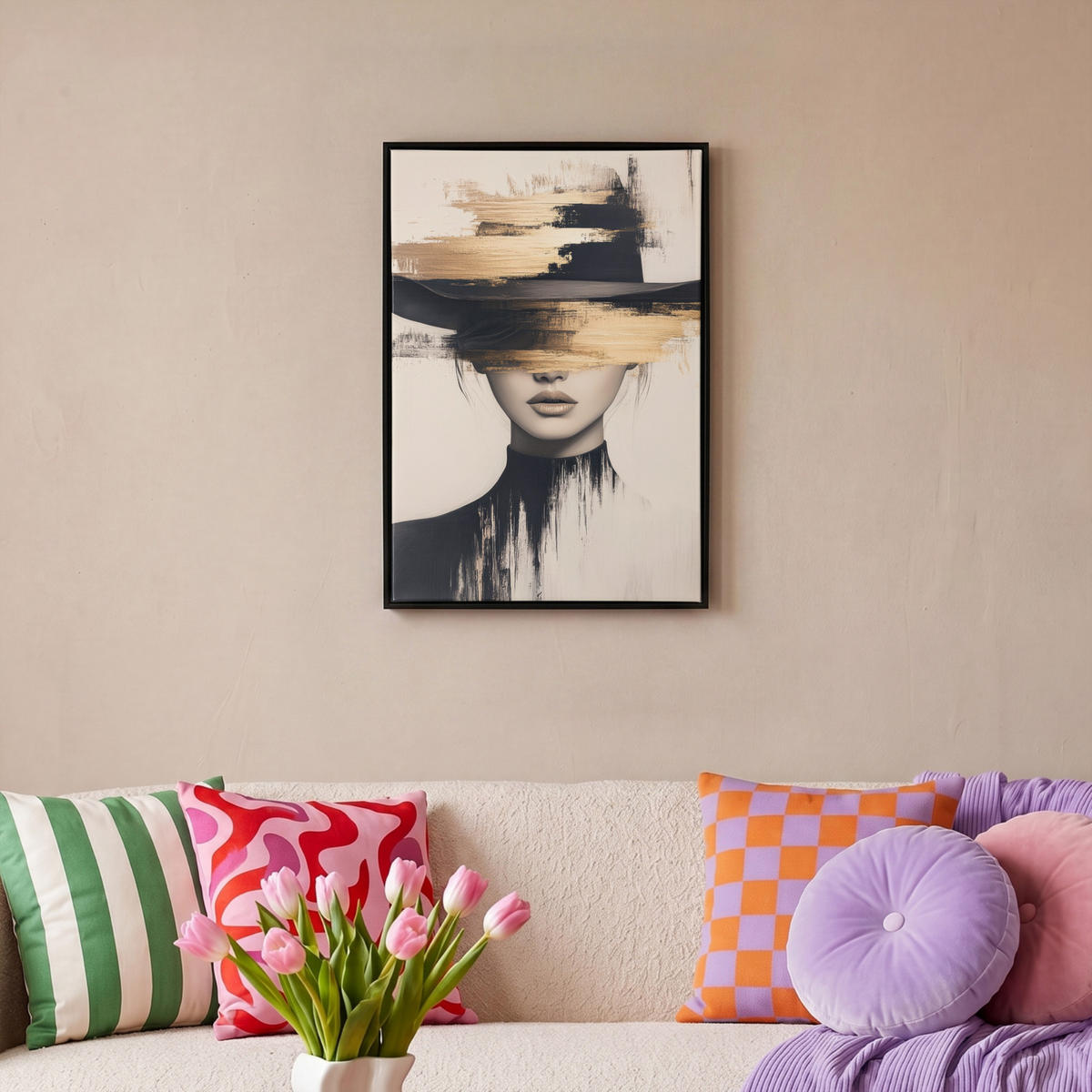 LEINWAND Bilder mit Rahmen - Frau - Hut - Farbe - 40x60 - Goldfarben, Textil (40/60cm) - MuchoWow