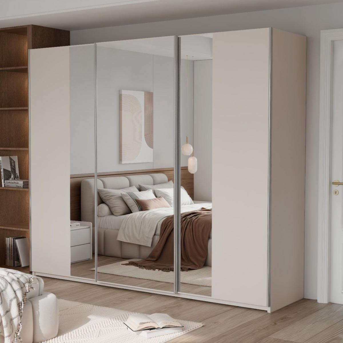 SCHWEBETÜRENSCHRANK Perla mit 2 Türen und Spiegel, 250 cm, Sandbeige - Sandfarben, Holzwerkstoff (250/210/65cm) - Beautysofa