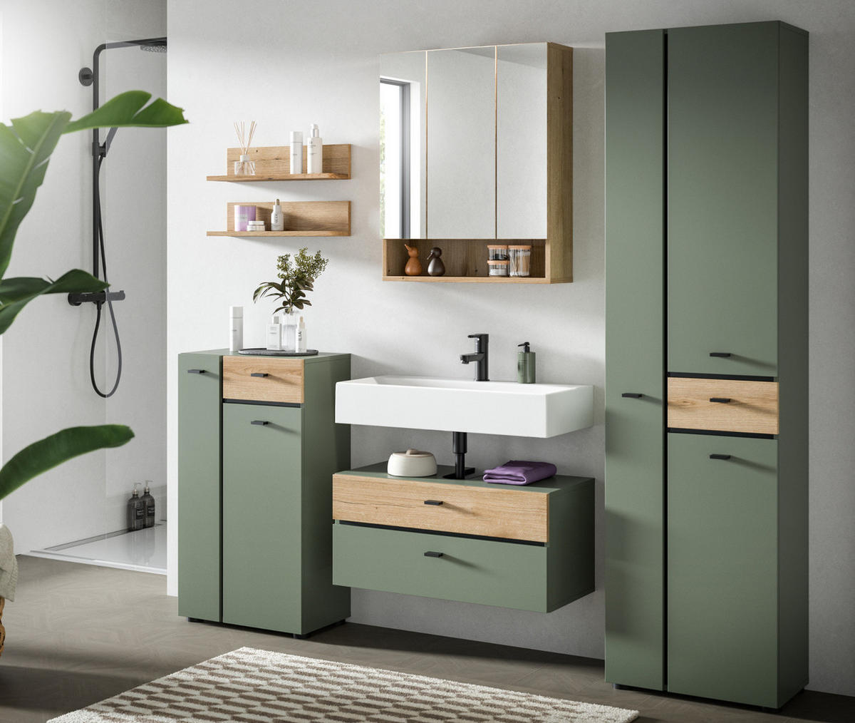 BADKOMMODE grün, Evoke Eiche 51 cm, Midischrank mit 7 Fächern - Eichefarben/Schwarz, Holzwerkstoff/Kunststoff (51/91/30cm) - Inn.Furn