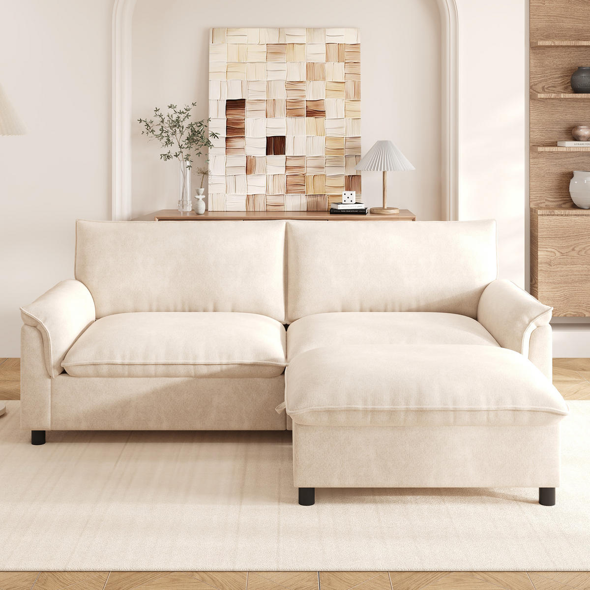 SOFA Beige U-Form Cloud Modular Deep Seat 216cm Hocker - Beige, Textil (77/82/216cm) - FLIEKS