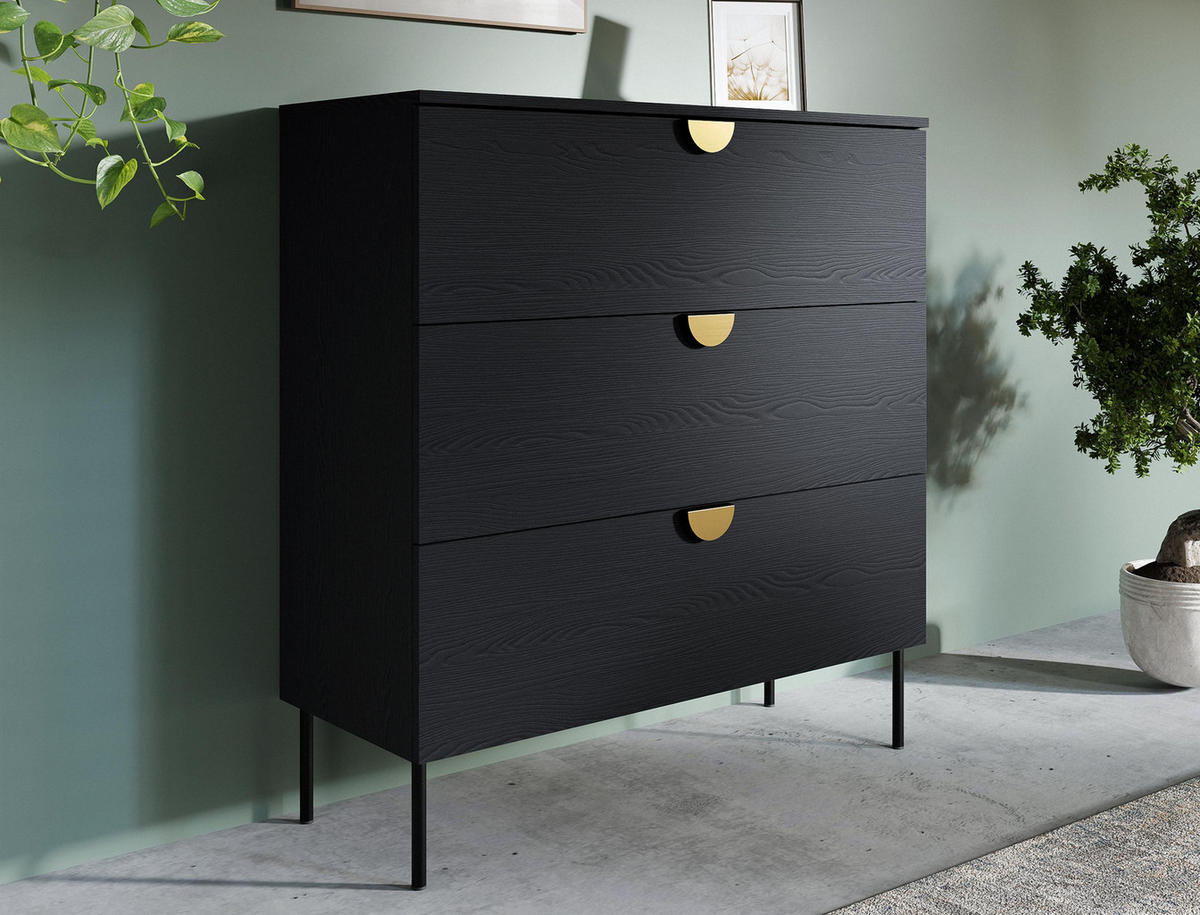 SIDEBOARD Brunelli 3S Schwarz 100/100,7/40 cm – mit geräumigen Schubladen - Schwarz, Holzwerkstoff/Metall (100/100.7/40cm) - AX Living