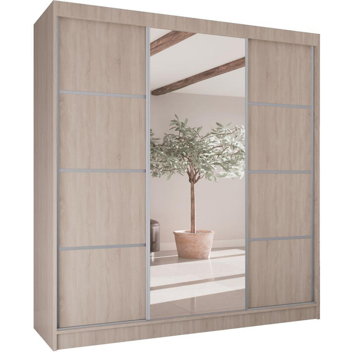 SCHWEBETÜRENSCHRANK Vilo II 200/61/215 eiche sonoma+silber - Silberfarben/Sonoma Eiche, Holzwerkstoff (200/215/61cm) - Beautysofa
