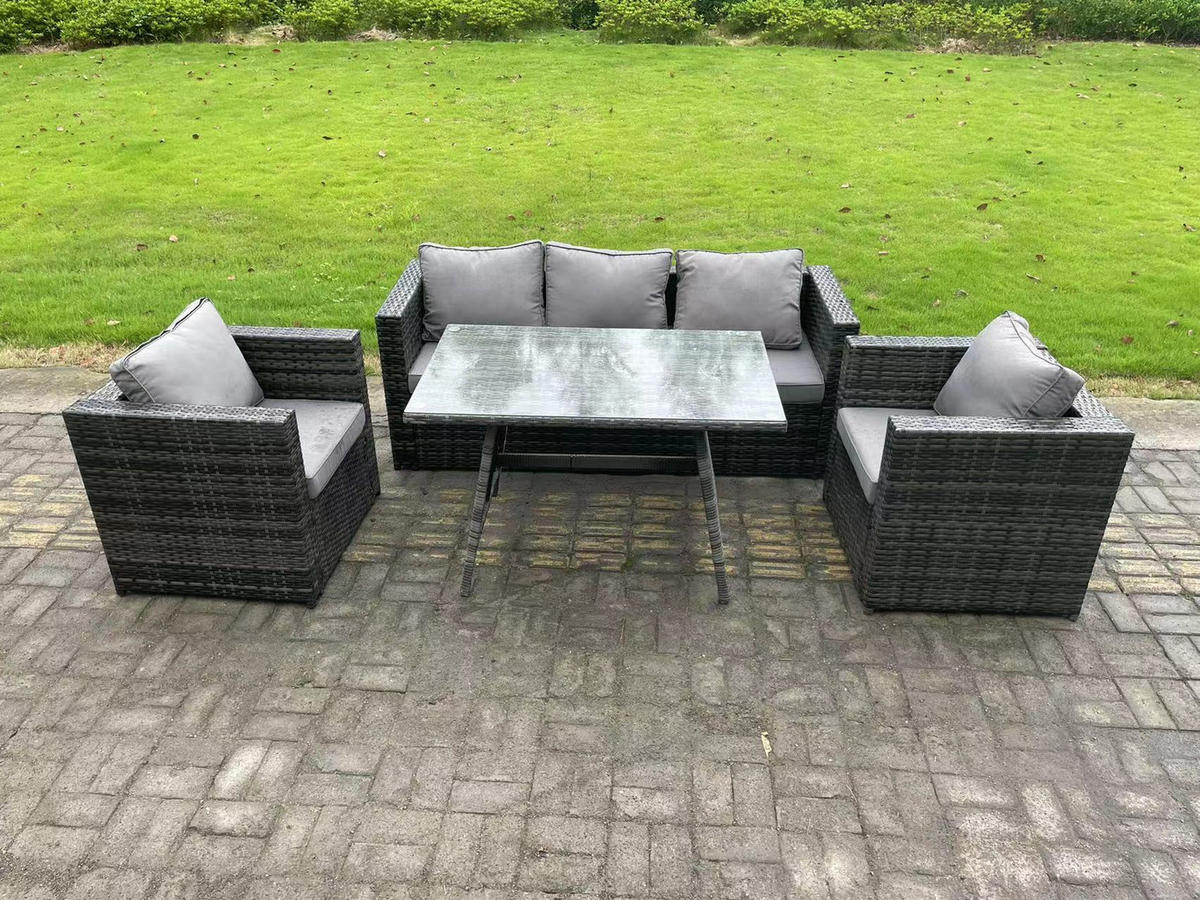 GARTENMÖBELSET mit Esstisch 5-Sitzer - Dunkelgrau/Grau, Glas/Kunststoff - Fimous