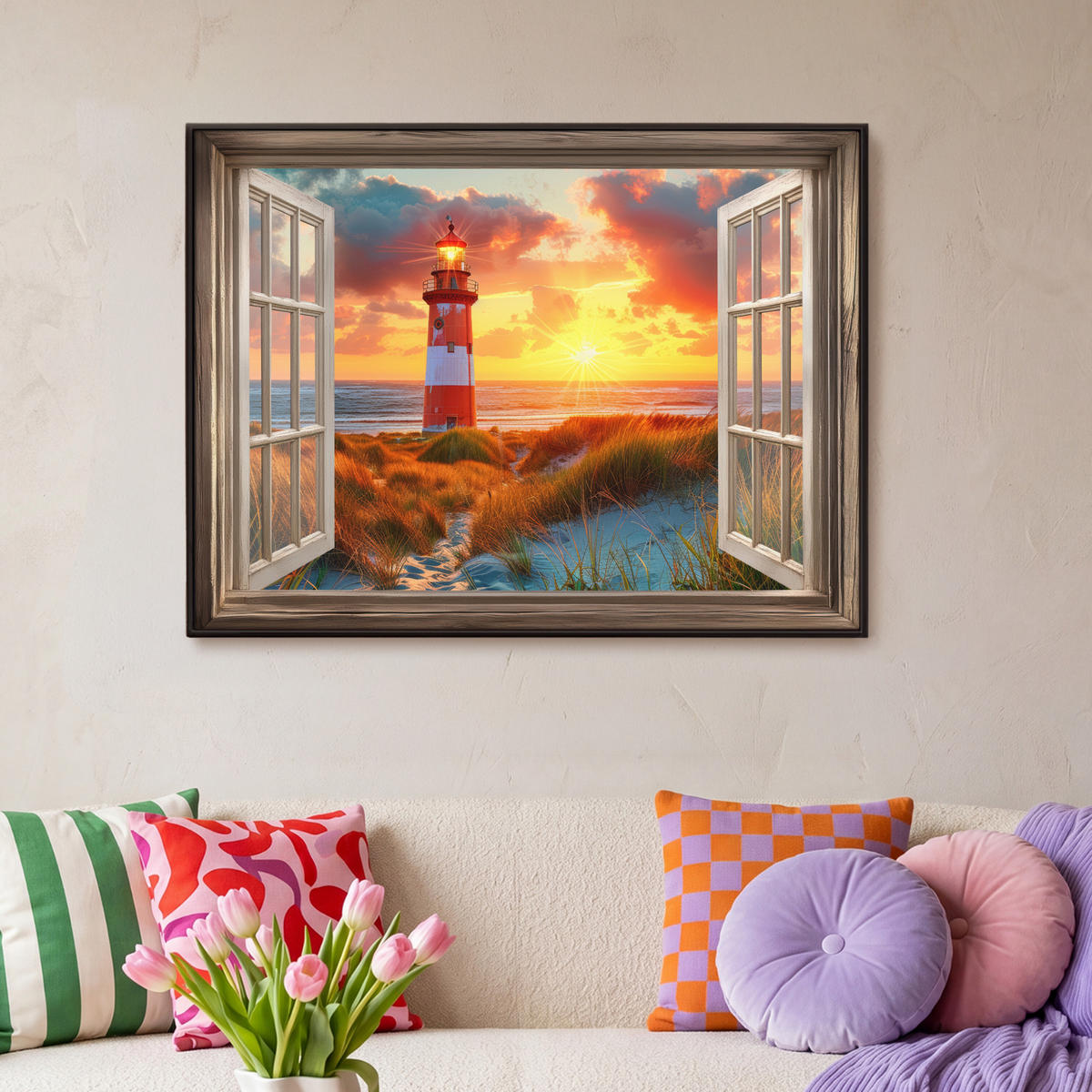 LEINWAND Bilder mit Rahmen - Aussicht - Fenster - Leuchtturm - Sonnenuntergang - Strand - 100x70 - Dunkelorange, Textil (100/70cm) - MuchoWow