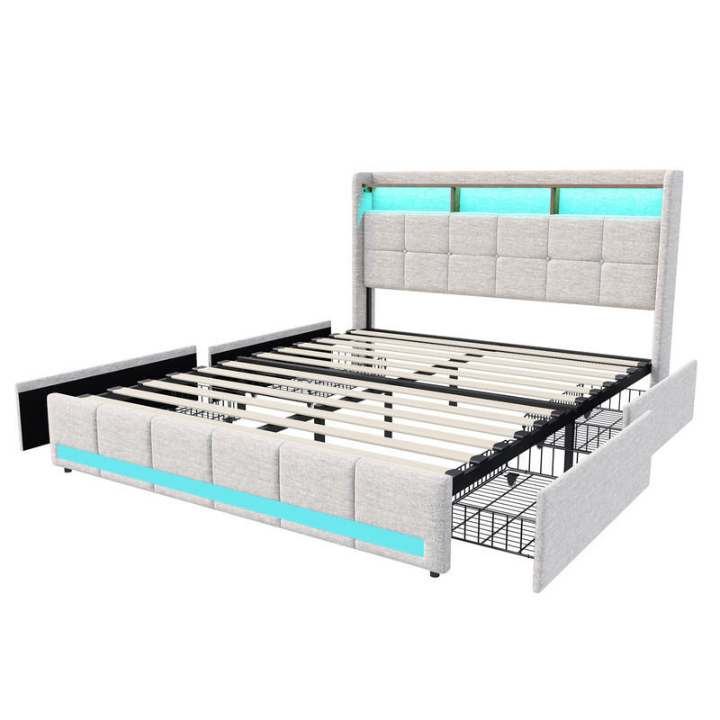POLSTERBETT 160x200 cm, Beige, Lattenrost, mit LED-Lichtleiste und 4 Metallschubladen, Leinen, ohne Matratze - Beige, Holz (160/200cm) - WoodenAura