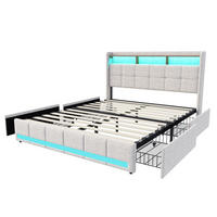 POLSTERBETT 160x200 cm, Beige, Lattenrost, mit LED-Lichtleiste und 4 Metallschubladen, Leinen, ohne Matratze - Beige, Holz (160/200cm) - WoodenAura