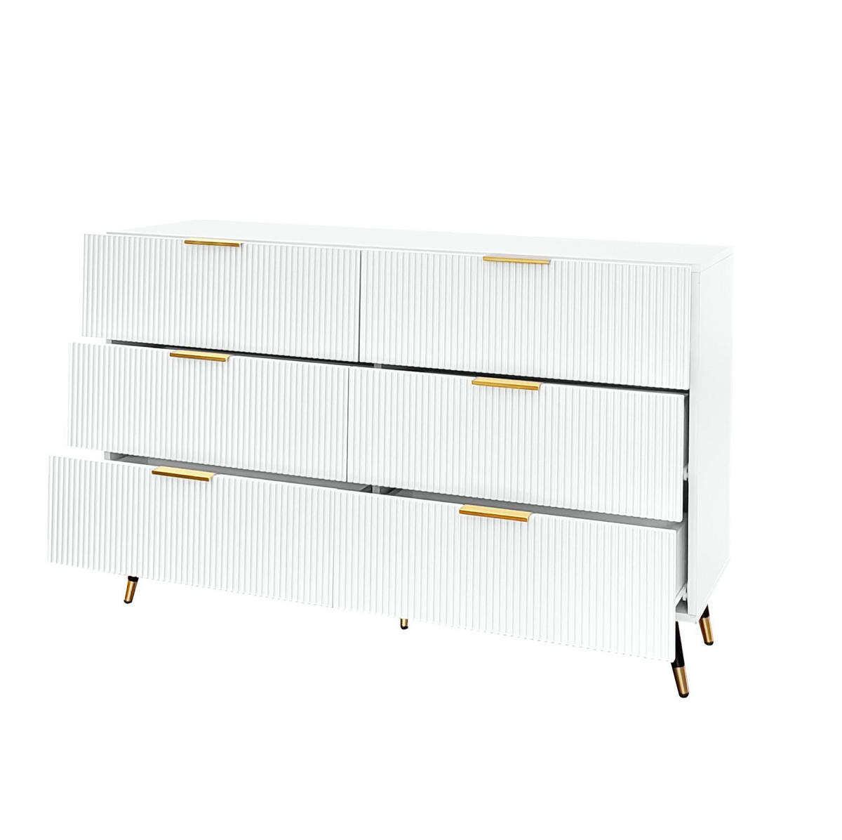 SIDEBOARD 120/40/77 cm in Weiß mit 6 Schubladen und goldfarbenen Details - Weiß, Holzwerkstoff (120/77/40cm) - Flora Grace