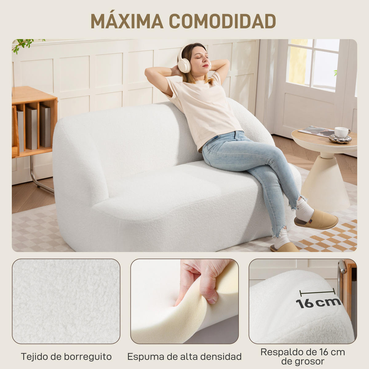 SOFA, 2-Sitzer, Sherpa-Fleece, geschwungen, dicke Polsterung, creme, 142cm - Multicolor, Holzwerkstoff (142/73.5/85cm) - FORIOUS