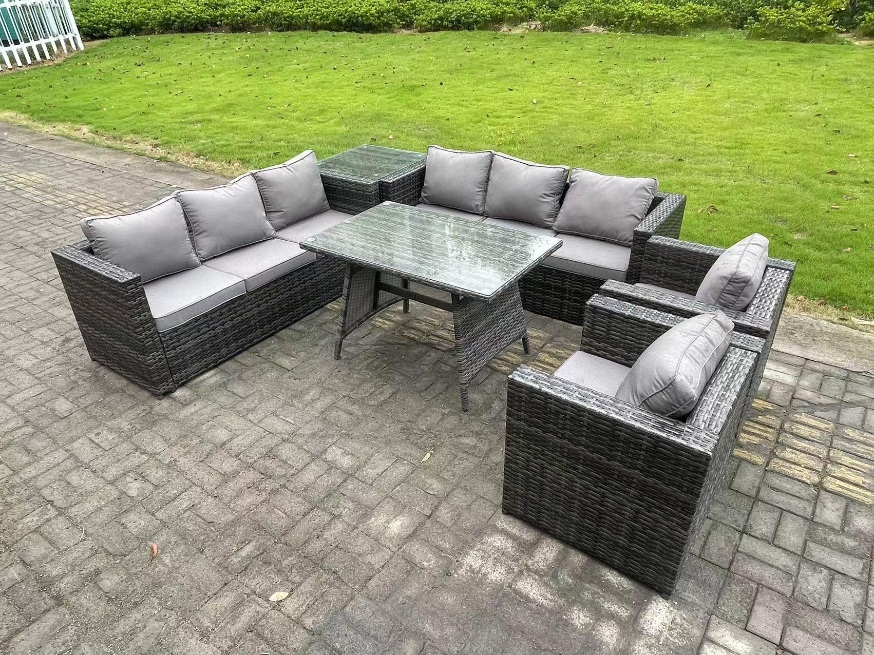 GARTENMÖBELSET mit Esstisch 8-Sitzer Grau - Dunkelgrau/Grau, Glas/Kunststoff - Fimous