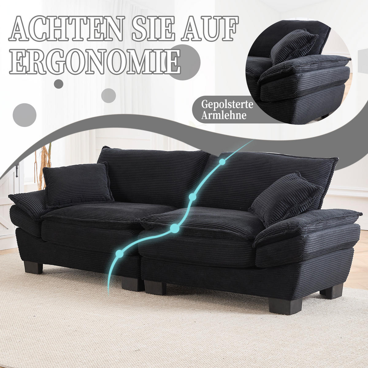 2-SITZER Sofa Samt mit ultratiefem Sitz 224/81/81 cm Schwarz - Schwarz, Textil (81/224/81cm) - Redom