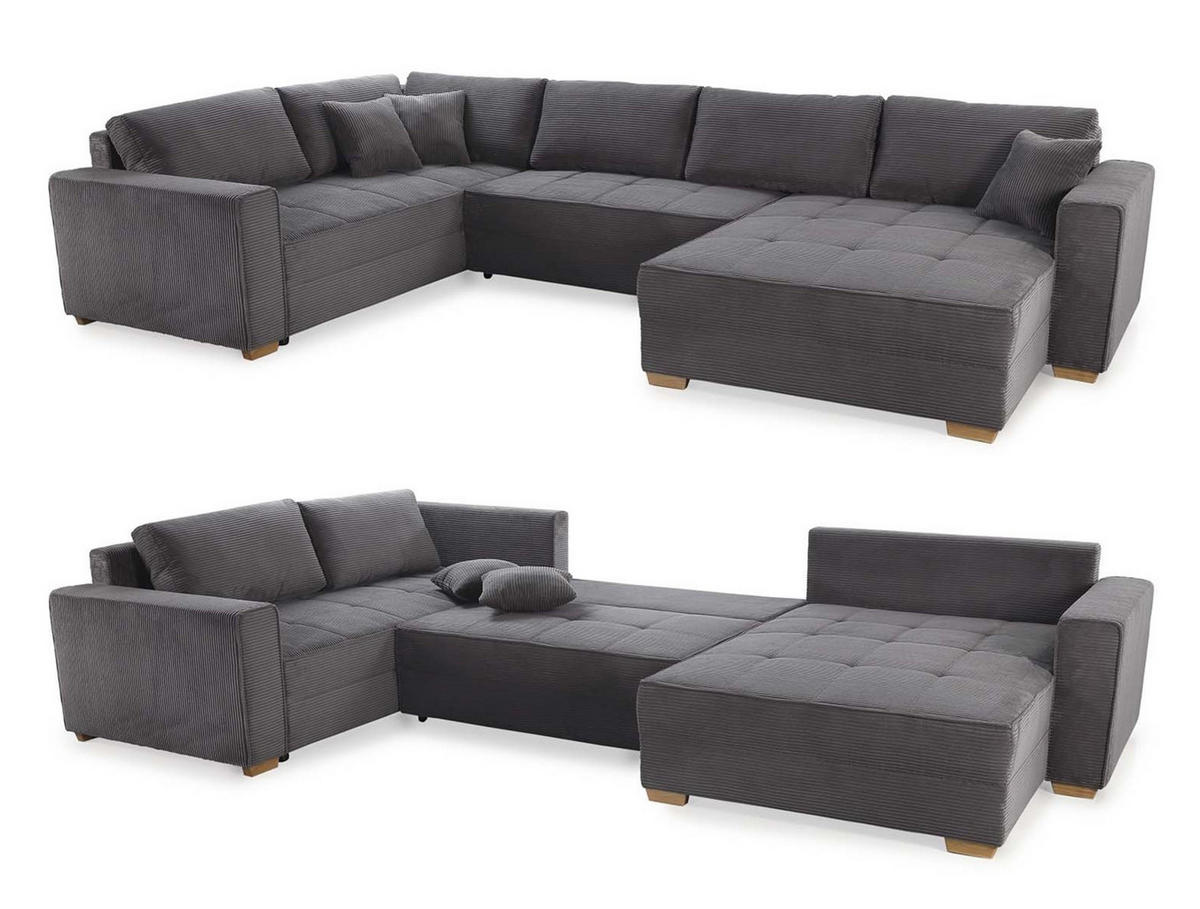 WOHNLANDSCHAFT Schlaffunktion Bettkasten Wellenunterfederung, spiegelverkehrt montierbar U-Form B379/T227/H86 cm, Cord Grau Anthrazit / 15198 - Schieferfarben/Eichefarben, Holz/Textil (379/86/227cm) - luma-home