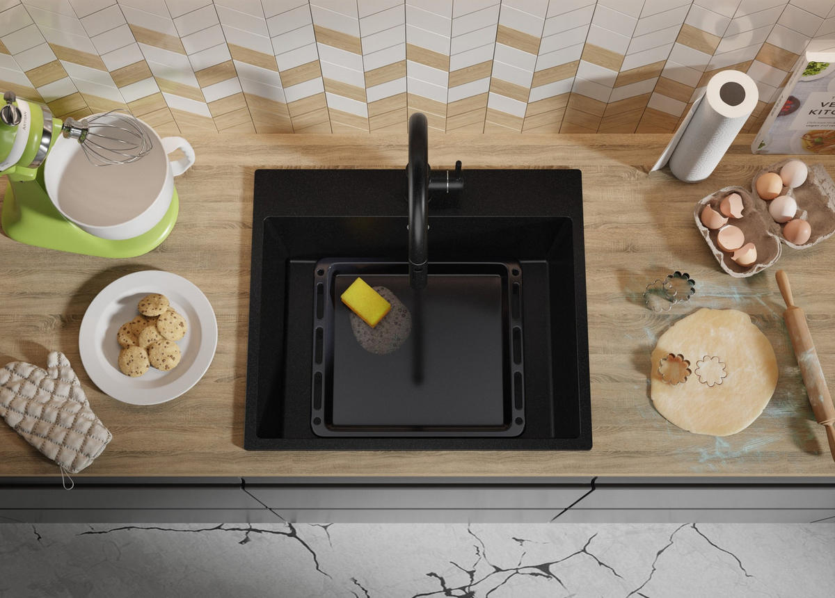 SPÜLBECKEN Riga, 2-er set Schwarz 58/50 cm 1 Becken + Ablauf-Set ab 60er Unterschrank - Chromfarben/Schwarz, Kunststoff (58/20/50cm) - Primagran