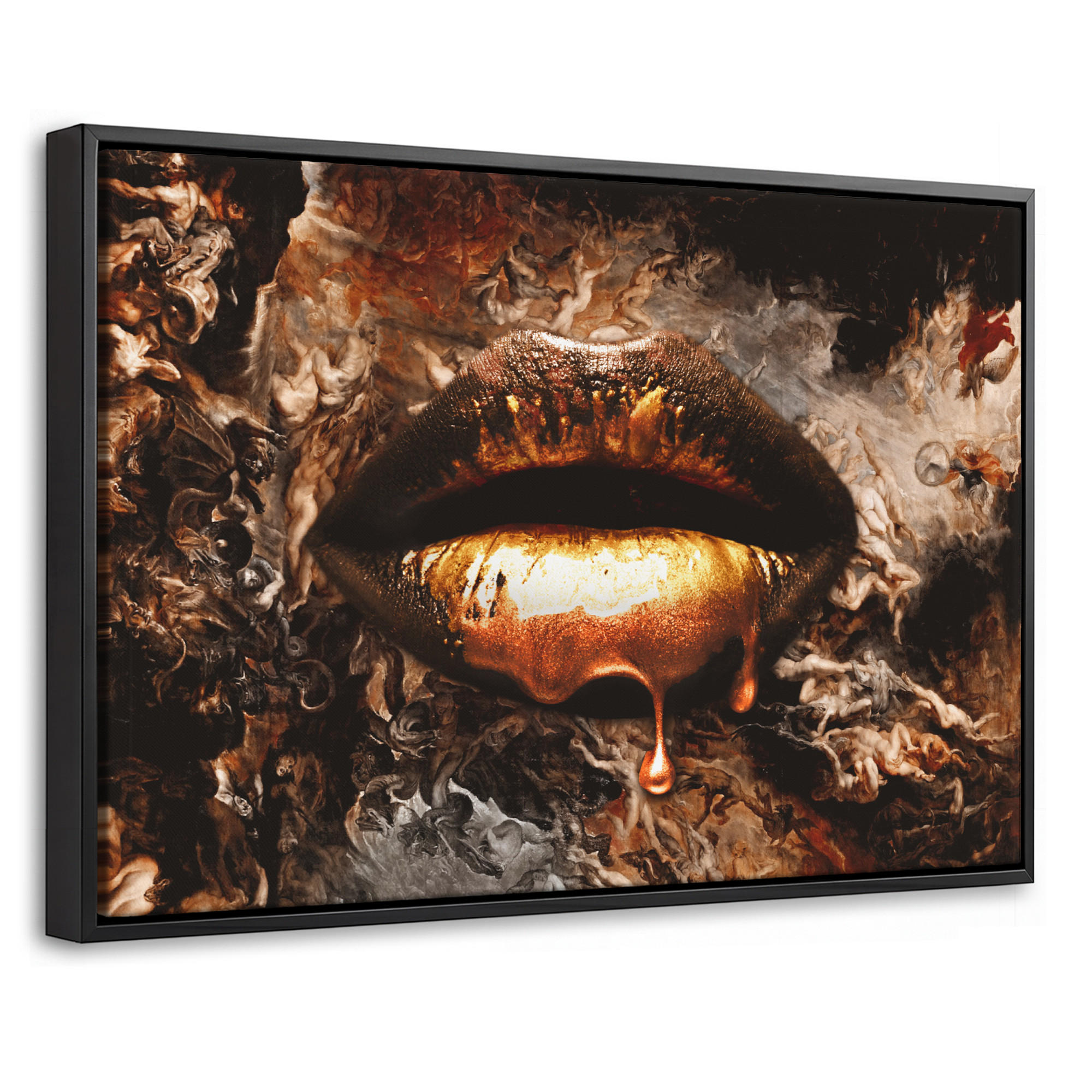 LEINWAND Bilder mit Rahmen - Gold - Lippen - Kunst - Gold - Luxus - Abstrakt - 30x20 - Kupferfarben, Textil (30/20cm) - MuchoWow