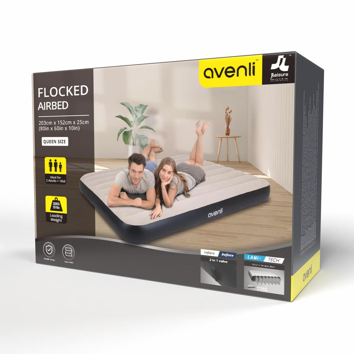 LUFTBETT Luftmatratze Camping 2 Personen 203x152x25cm aufblasbar ohne Pumpe - Schwarz/Grau, Kunststoff (152/203cm) - Avenli