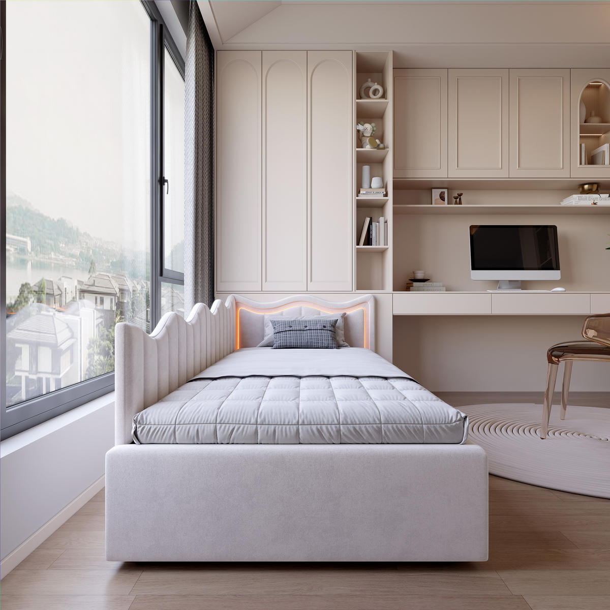 POLSTERBETT 90x200 cm LED Stauraum Kopfteil Samt beige - Beige, Holz (90/200cm) - LEBENLANG