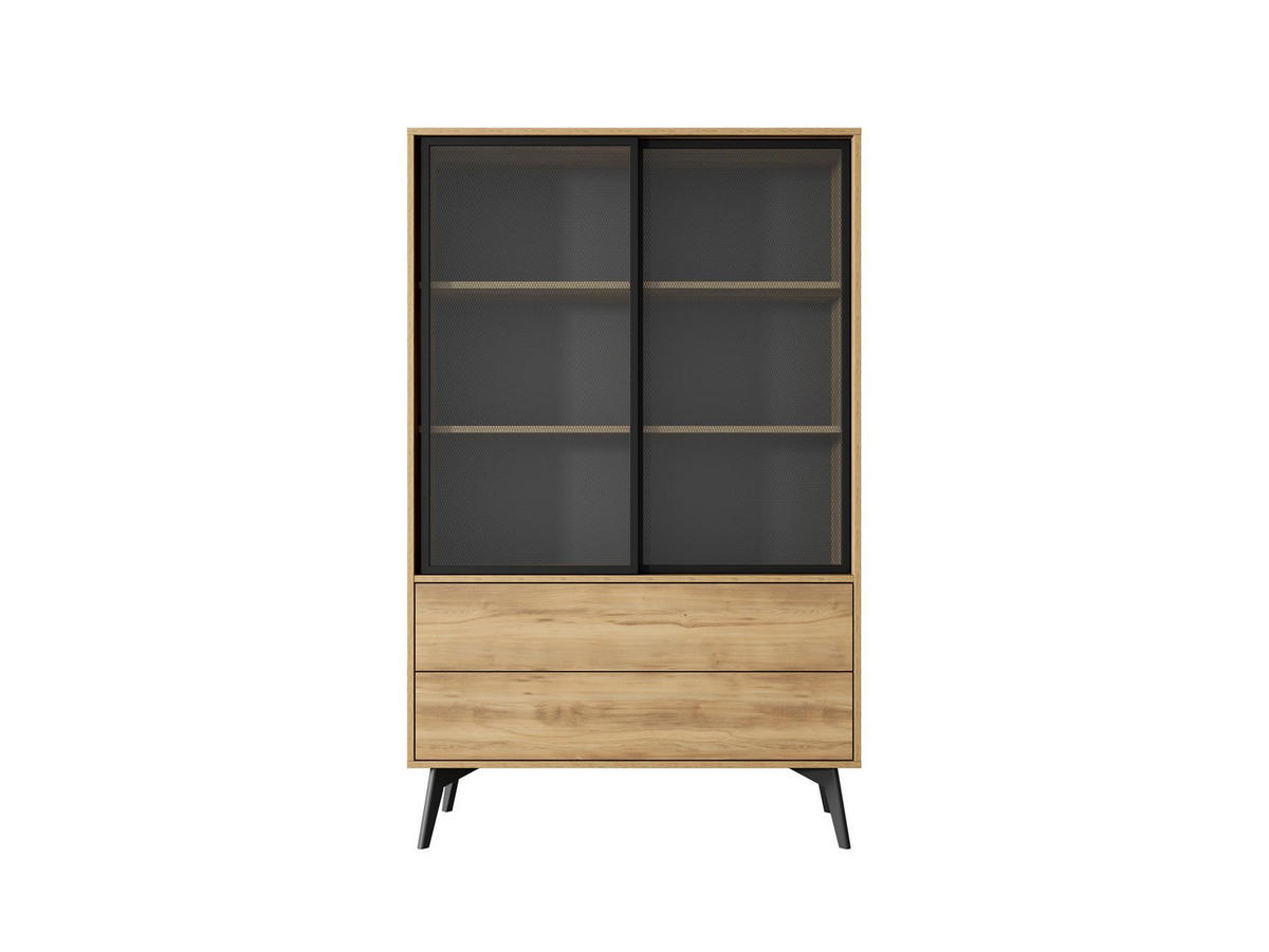 VITRINE Swift Golden Eiche, zweitüriger Schrank mit Schubladen, mit LED - Schwarz/Braun, Holzwerkstoff (100/165/39cm) - Bettso