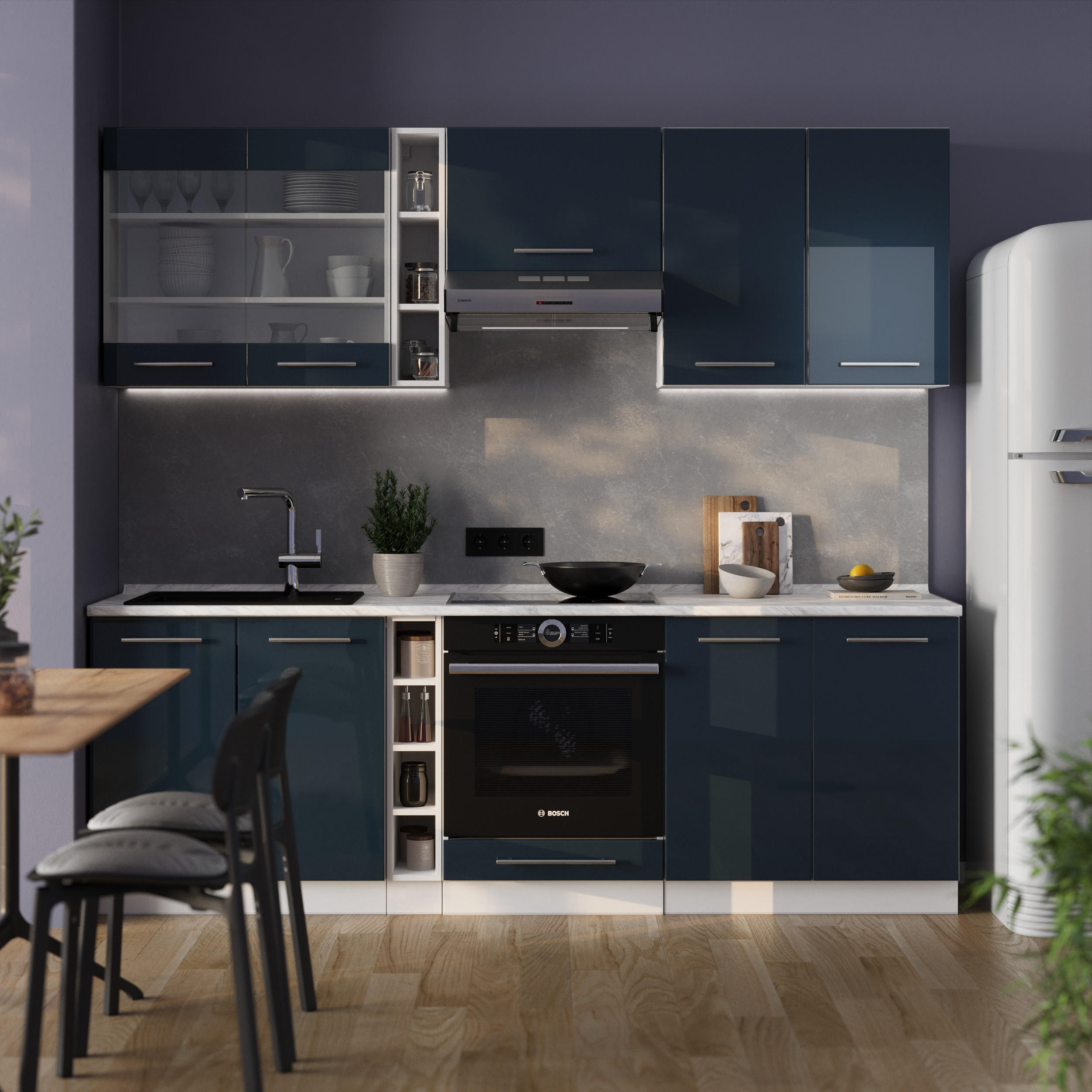 KÜCHENZEILE Fame-Line Dunkelblau Hochglanz/Weiß 235 cm, AP Anthrazit - Dunkelblau/Weiß, Holzwerkstoff (235/81.6/60cm) - Vicco