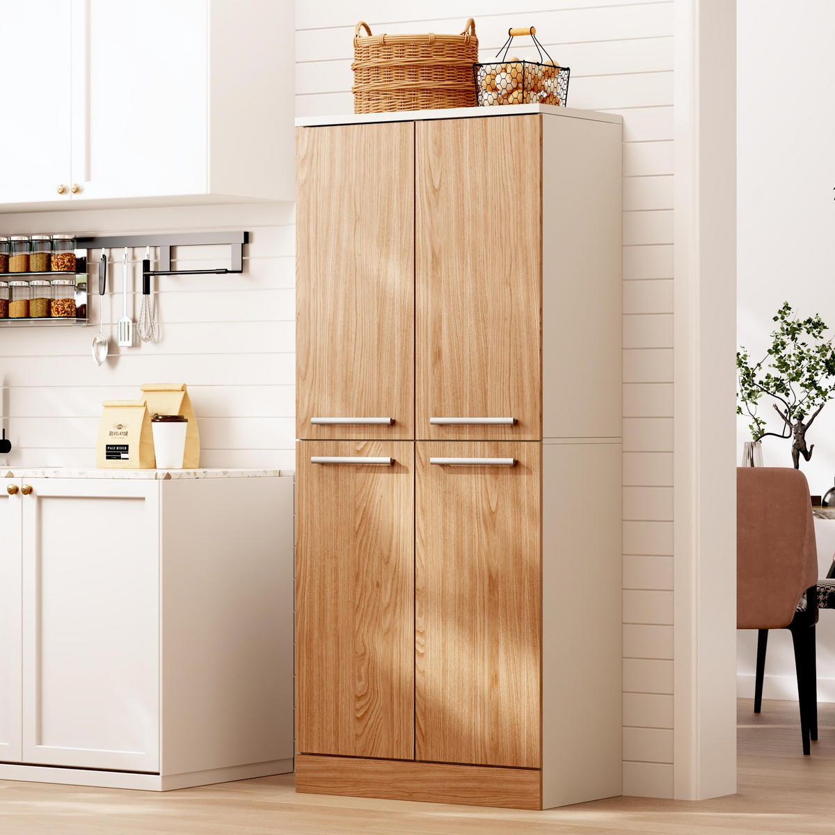 BUFFET 76/42/180 cm Weiß/Natur aus MDF mit 4 Türen - Weiß, Holzwerkstoff (76/180/42cm) - OKWISH