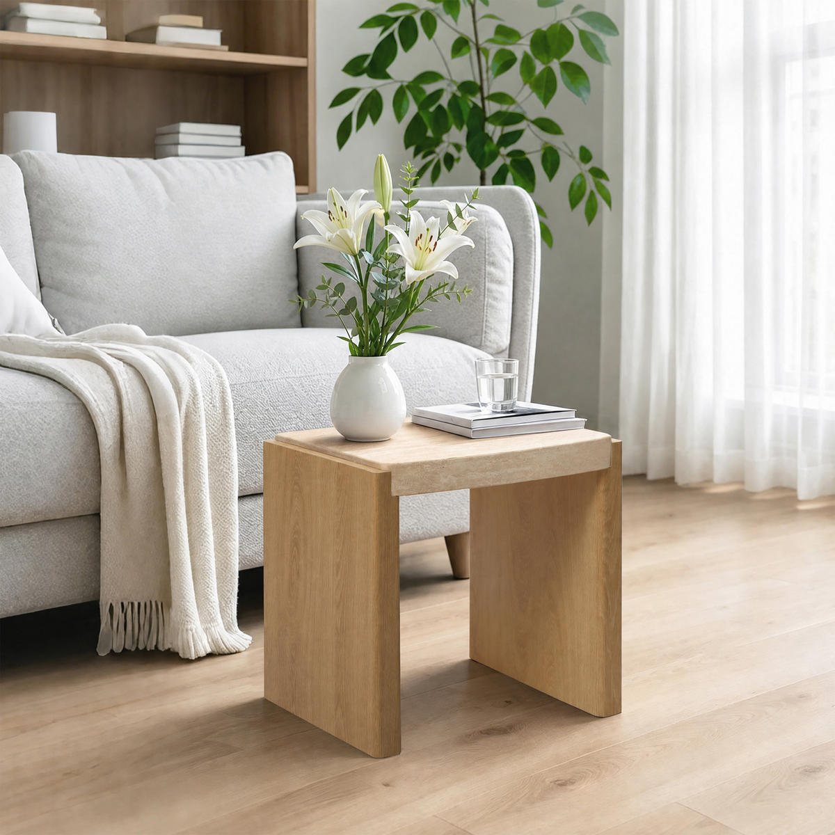 COUCHTISCH Holz mit Travertin-Optik, 49 × 40 × 46 cm - Braun, Holzwerkstoff (40/49/46cm) - Hometopia