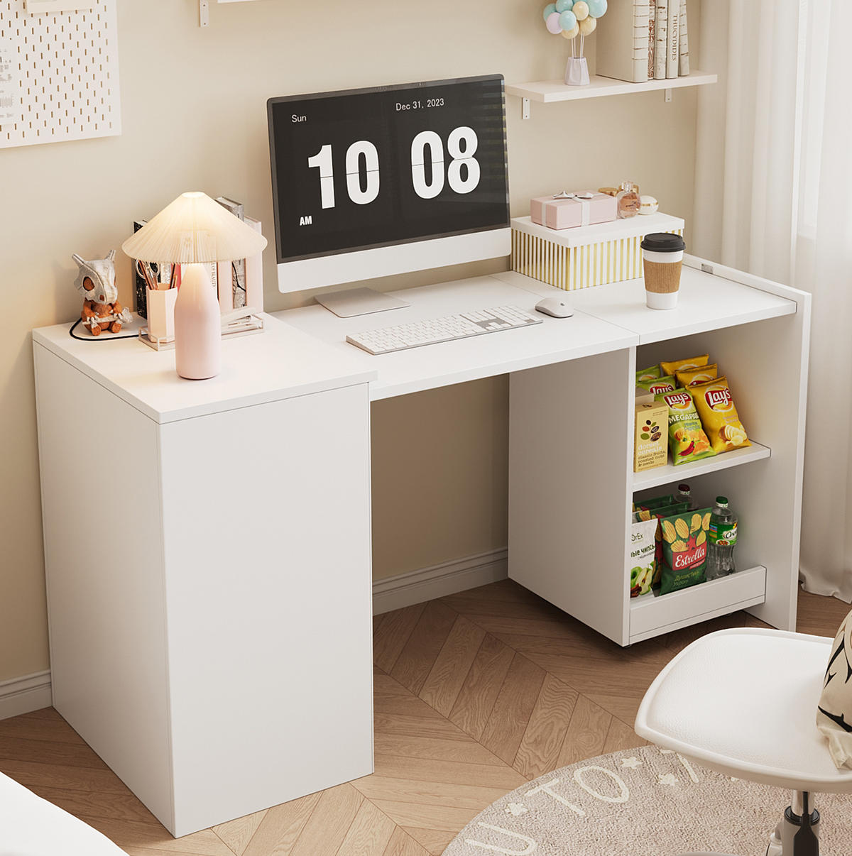 KLAPPTISCH 2-in-1 126 x 55 x 75 cm Weiß mit 4 offenen Fächern - Weiß, Holz (126/55/75cm) - Meubliv